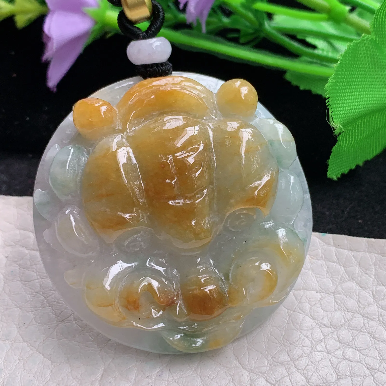 mut自然光49.2*14缅甸翡翠a货精雕事事如意 狮子头玉吊坠 玉挂件