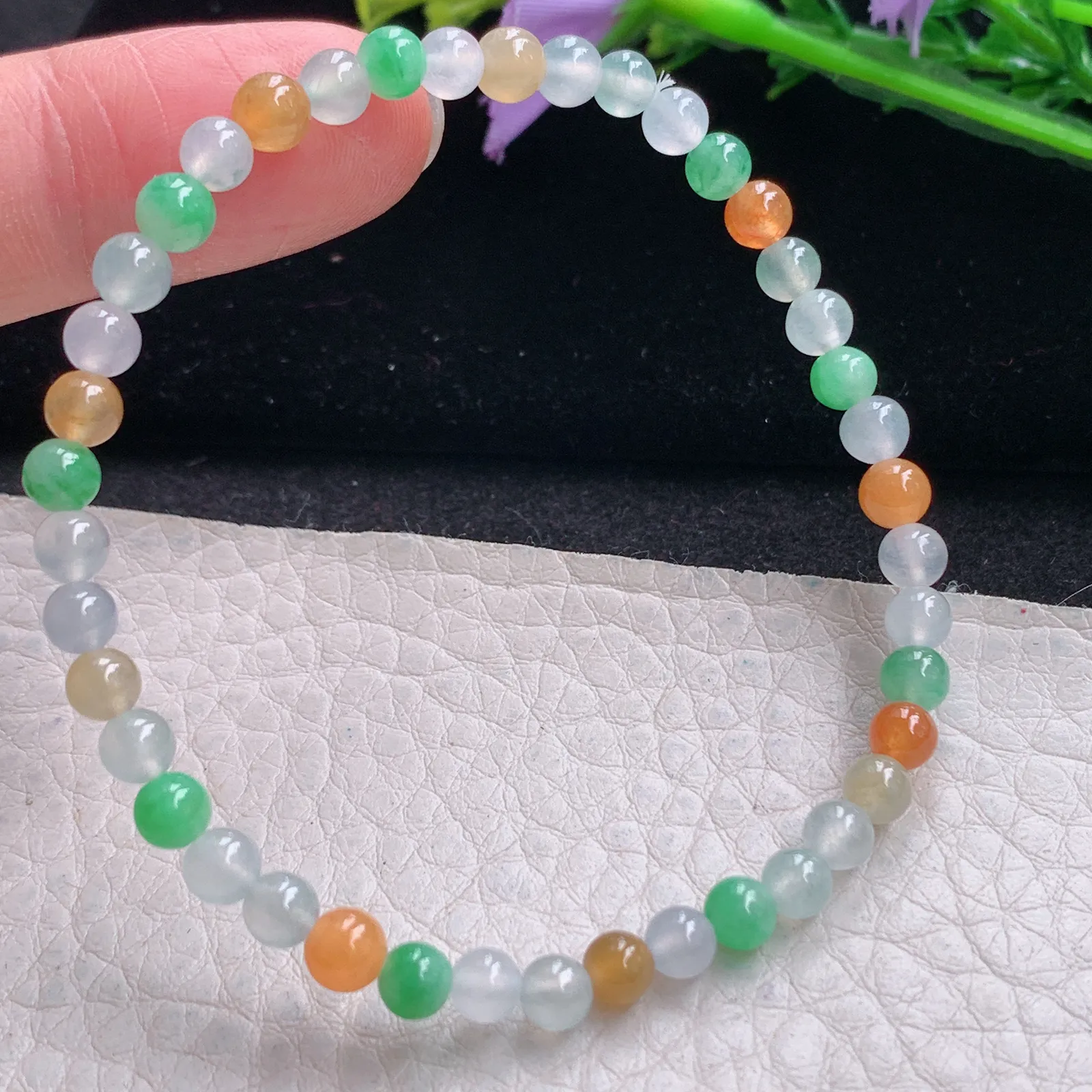 mut自然光4.8mm天然缅甸翡翠冰三彩4.8mm圆珠玉手链 手串