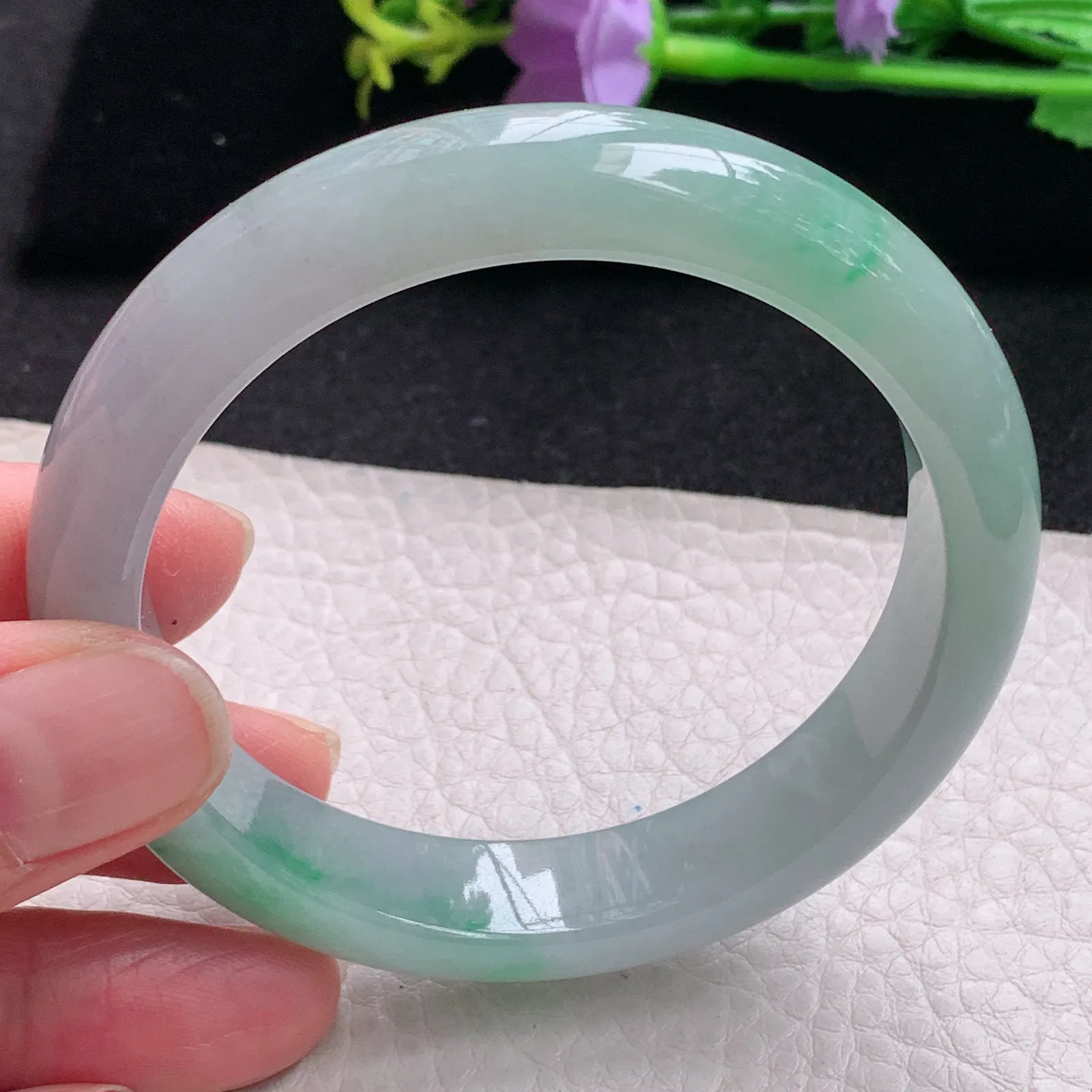 pj自然光56*12.2*8平安镯 缅甸翡翠玉手镯冰飘绿水灵宽边玉手环