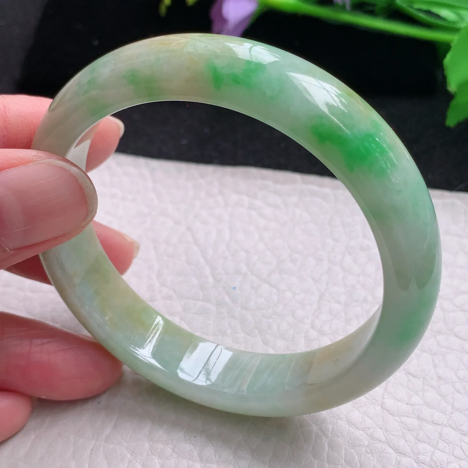 xx自然光57*13*7.5平安镯 缅甸翡翠玉手镯黄加绿高雅宽边玉手环