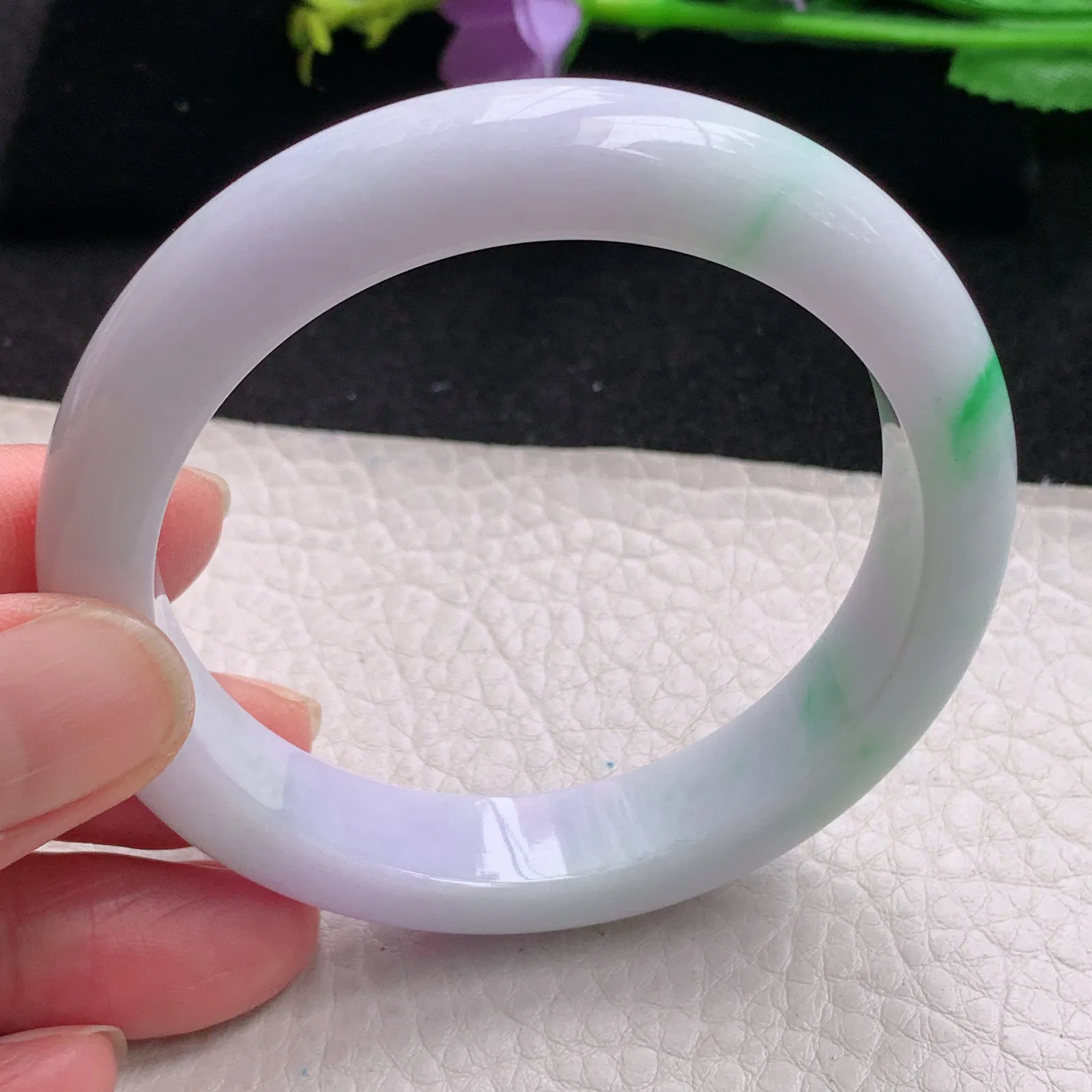 xt自然光55*11.8*8平安镯 缅甸翡翠玉手镯春带彩甜美宽边玉手环 美人镯