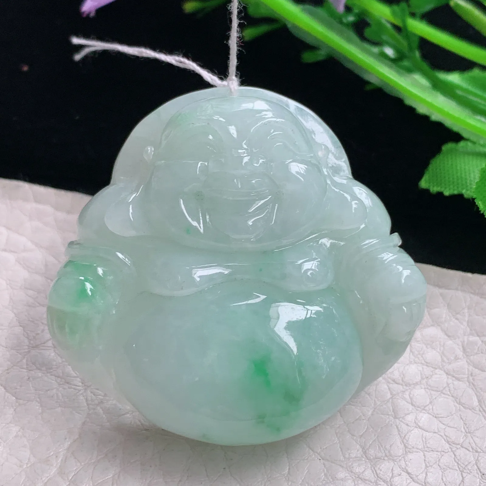 zen自然光42*45.2*12.5天然缅甸翡翠飘花细润佛公 弥勒佛玉吊坠 玉挂件