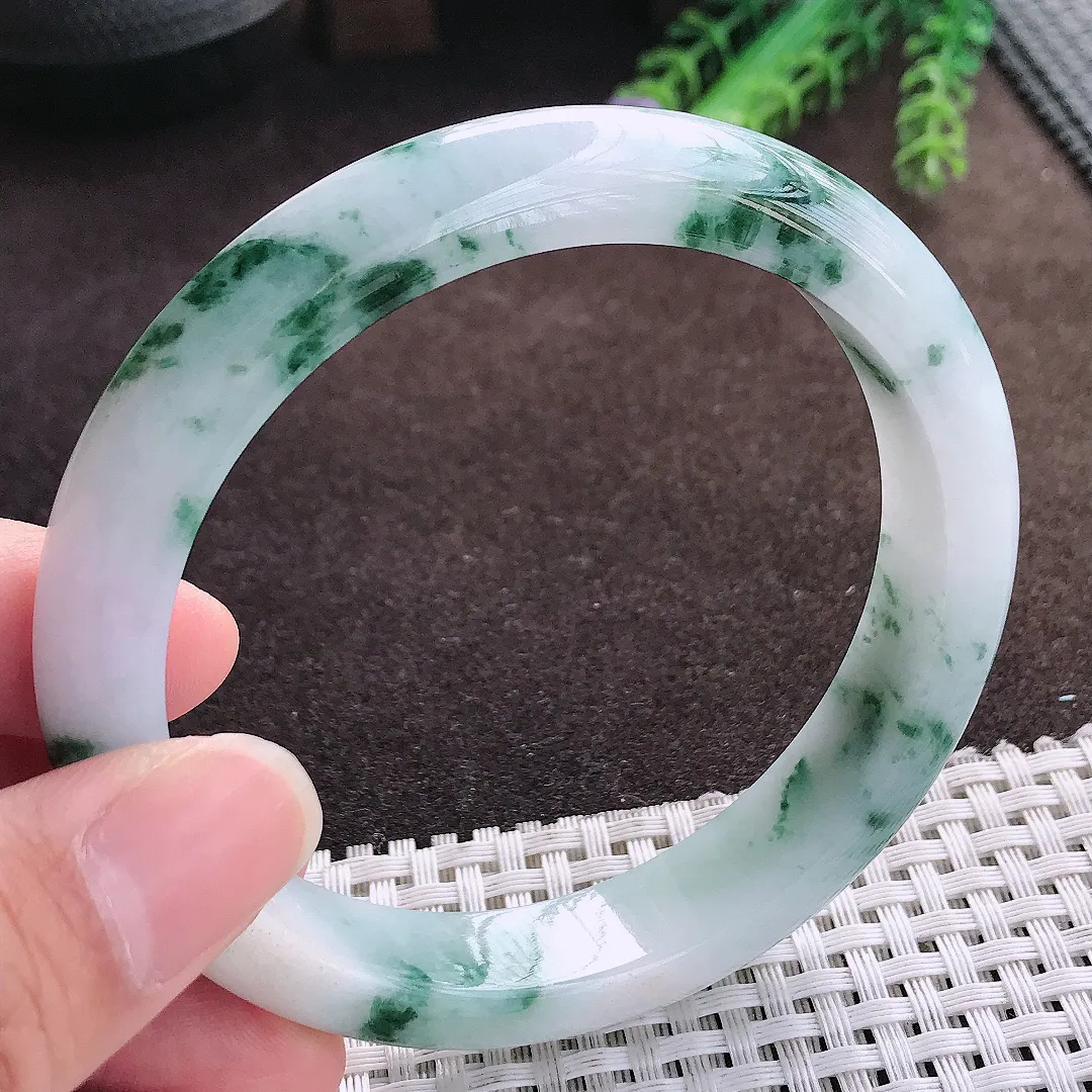 天然a货翡翠62.5/12.3/8.8老坑精美温润大圈口飘花手镯宽边翡翠玉手镯