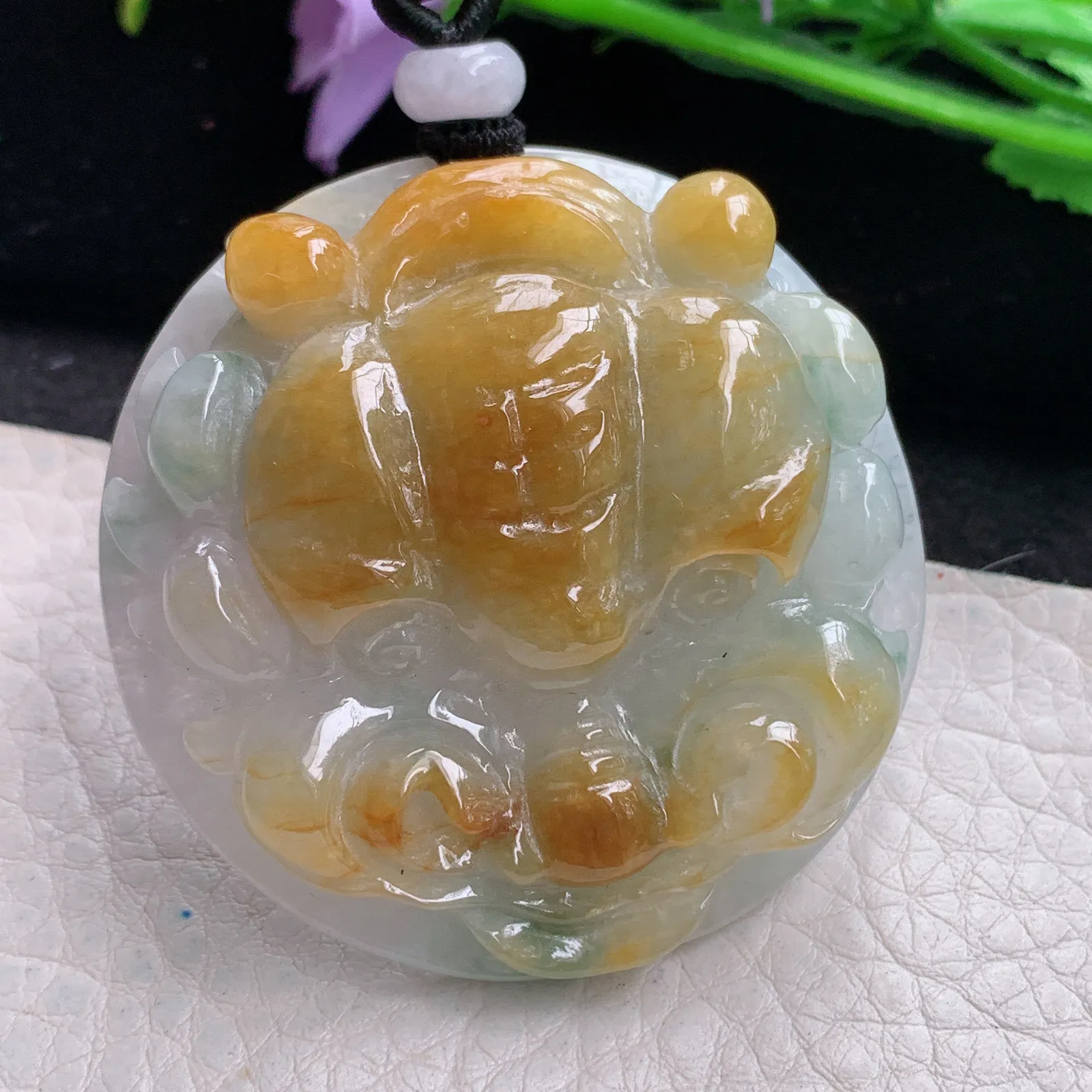 mut自然光49.2*14缅甸翡翠a货精雕事事如意 狮子头玉吊坠 玉挂件