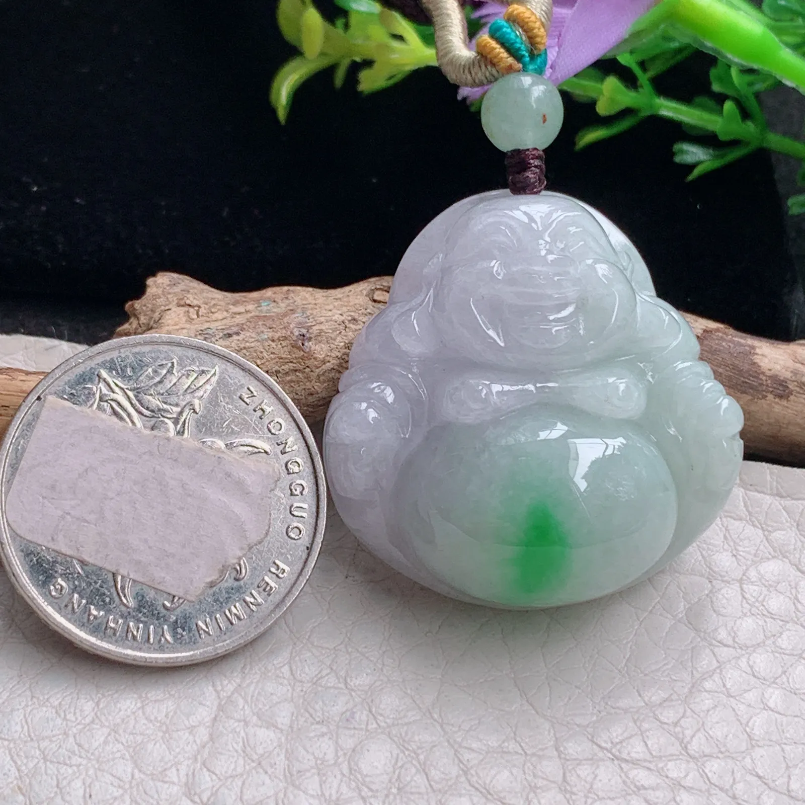 zen自然光33*32*12.3天然缅甸翡翠飘绿秀气佛公 弥勒佛玉吊坠 玉挂件