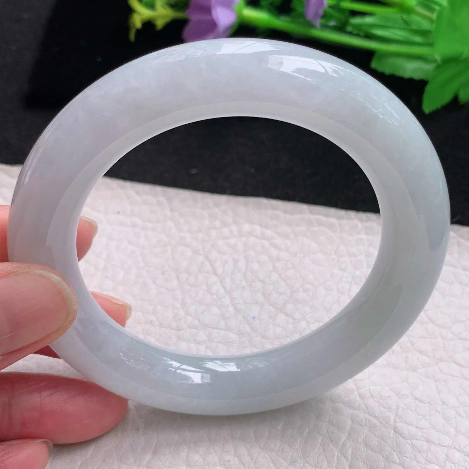 z自然光57*12胖圆镯 缅甸翡翠玉手镯白月光大气圆条玉手环 美人镯