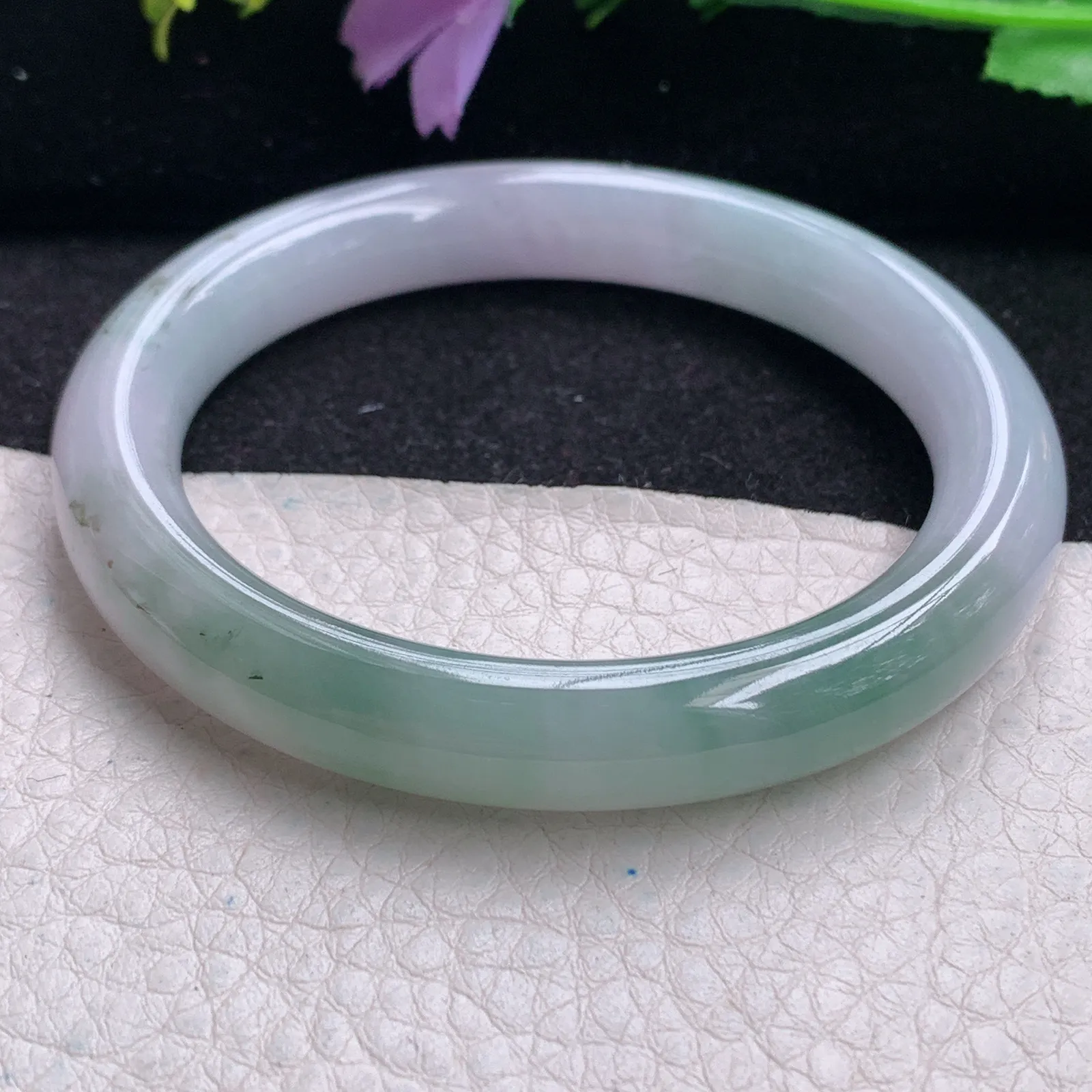 z自然光54*9.2*9美人镯 缅甸翡翠玉手镯飘花秀气圆条玉手环 叮当镯