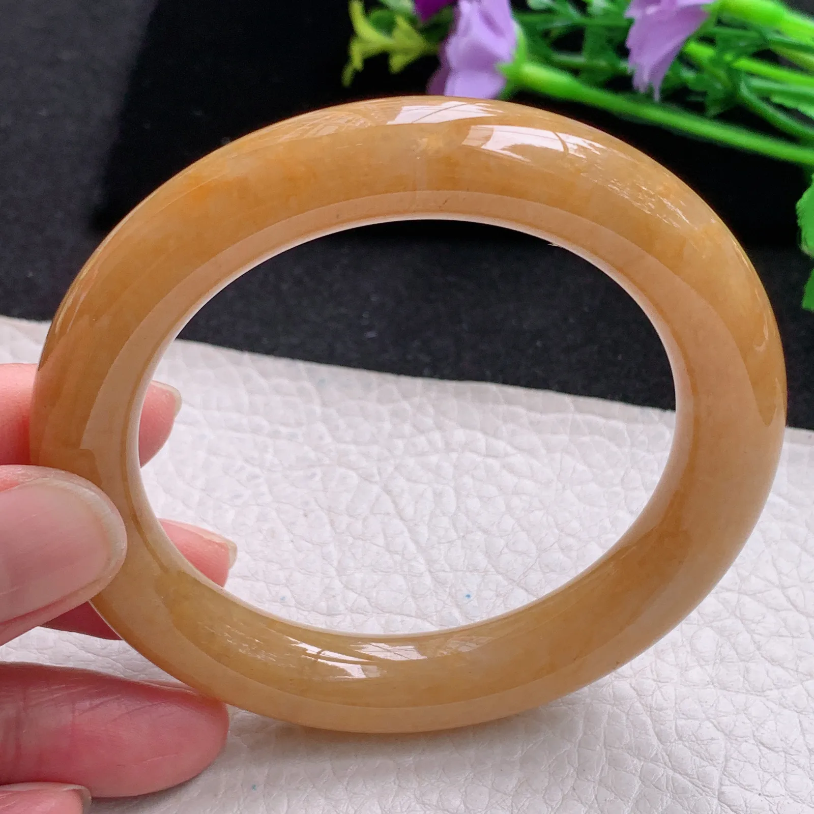 hf自然光57.512*11.3胖圆镯 缅甸翡翠玉手镯冰黄圆条玉手环  美人镯