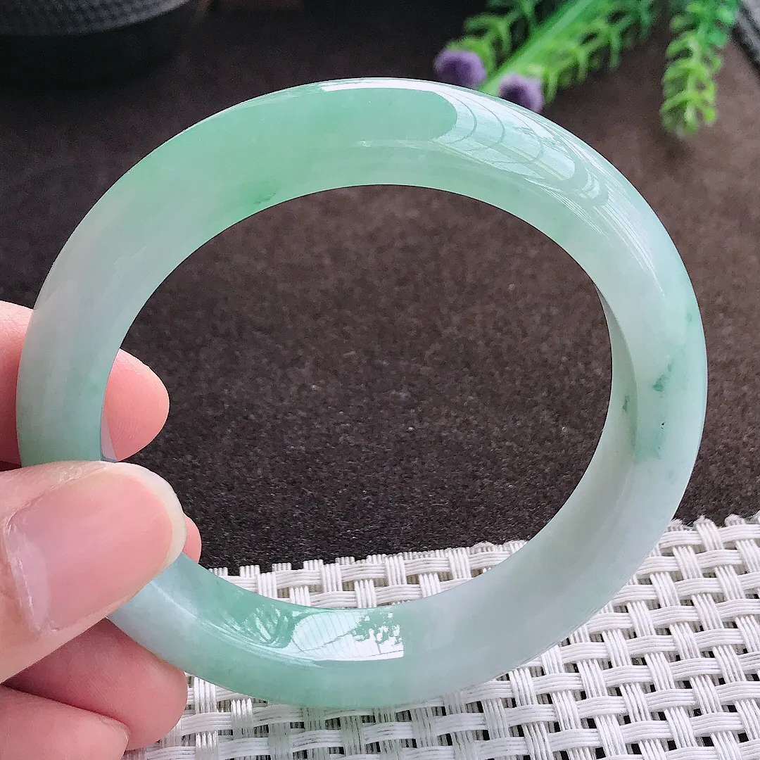 天然a货翡翠55.5/12/8.8老坑病假果冻冰晴绿手镯宽边翡翠玉手镯