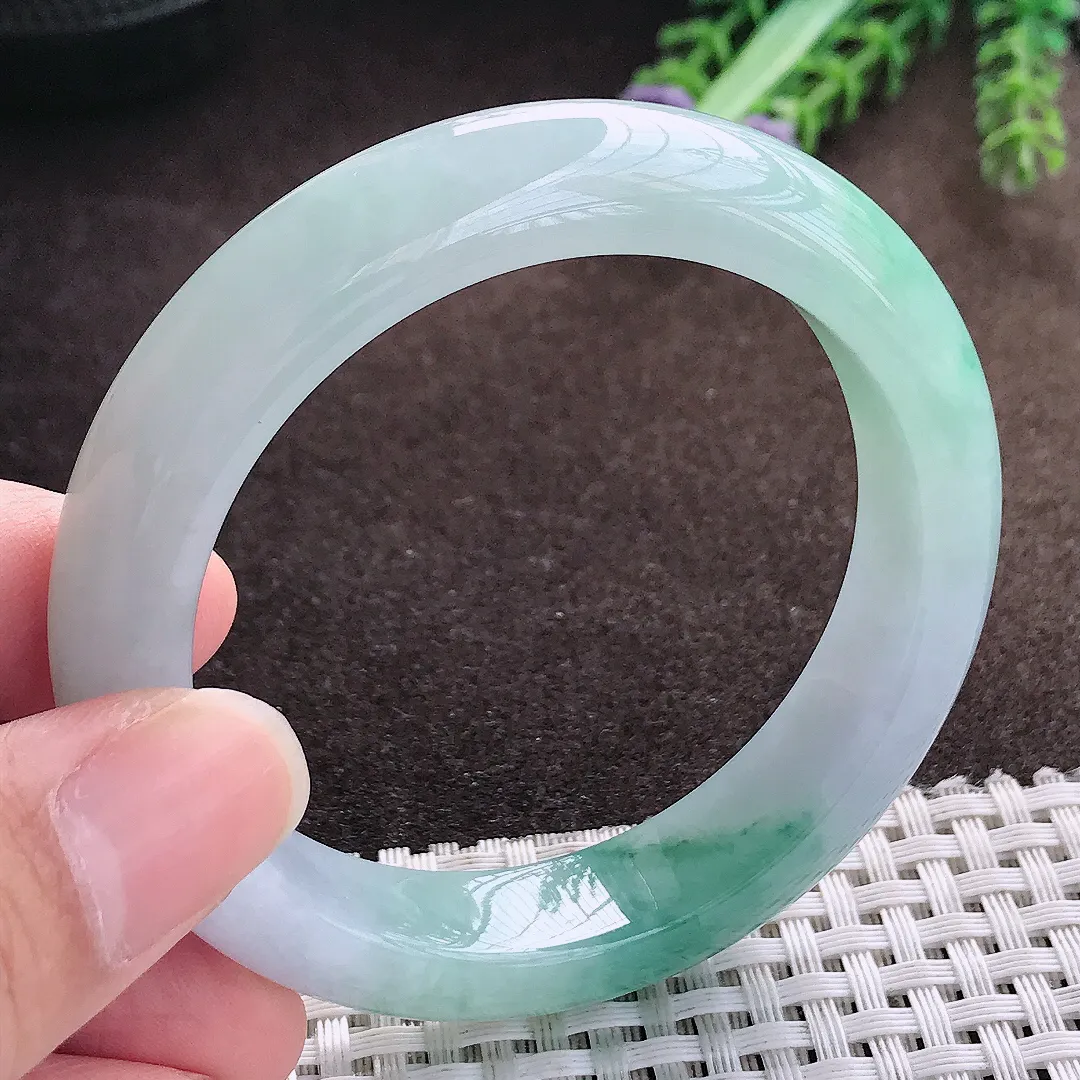 天然a货翡翠53/12.5/8.6老坑精美冰胶飘花手镯宽边翡翠玉手镯