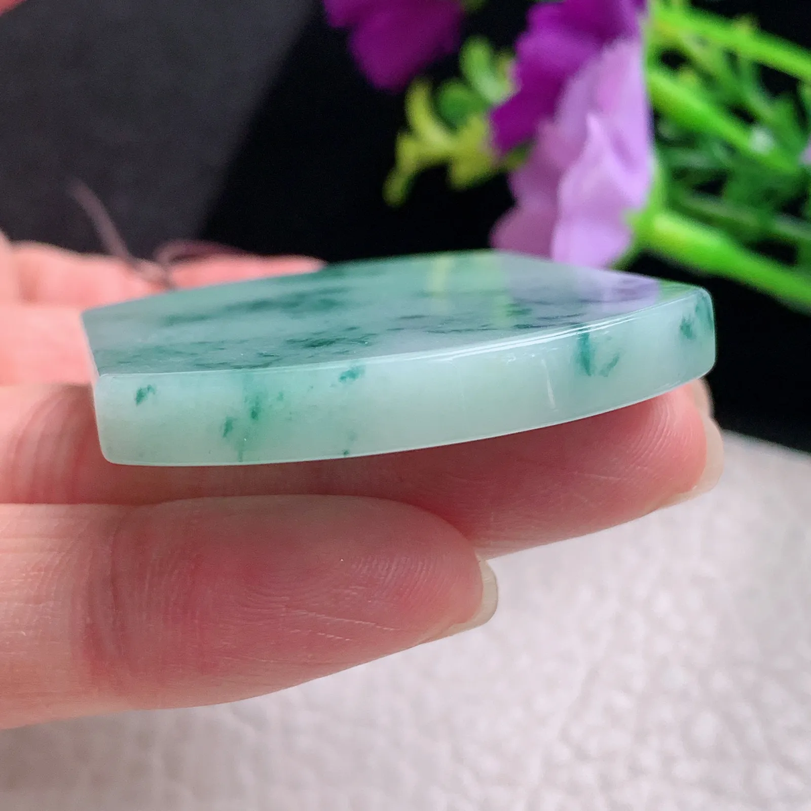 zen自然光52.2*40*5.5天然缅甸翡翠飘花平安无事牌玉吊坠 玉挂件