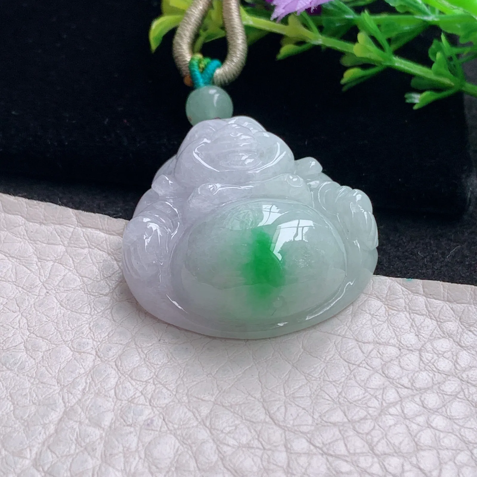 zen自然光33*32*12.3天然缅甸翡翠飘绿秀气佛公 弥勒佛玉吊坠 玉挂件