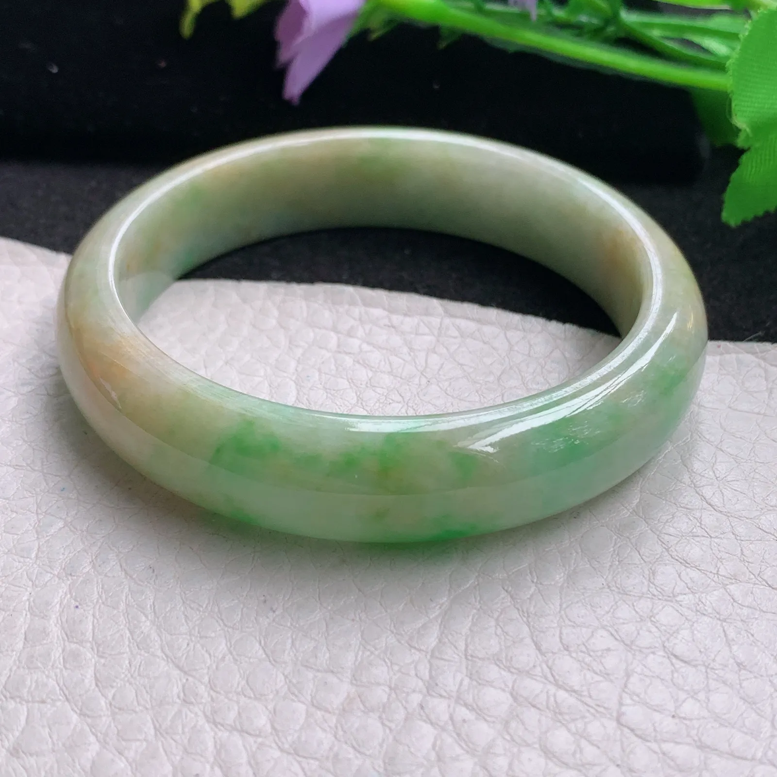 xx自然光57*13*7.5平安镯 缅甸翡翠玉手镯黄加绿高雅宽边玉手环
