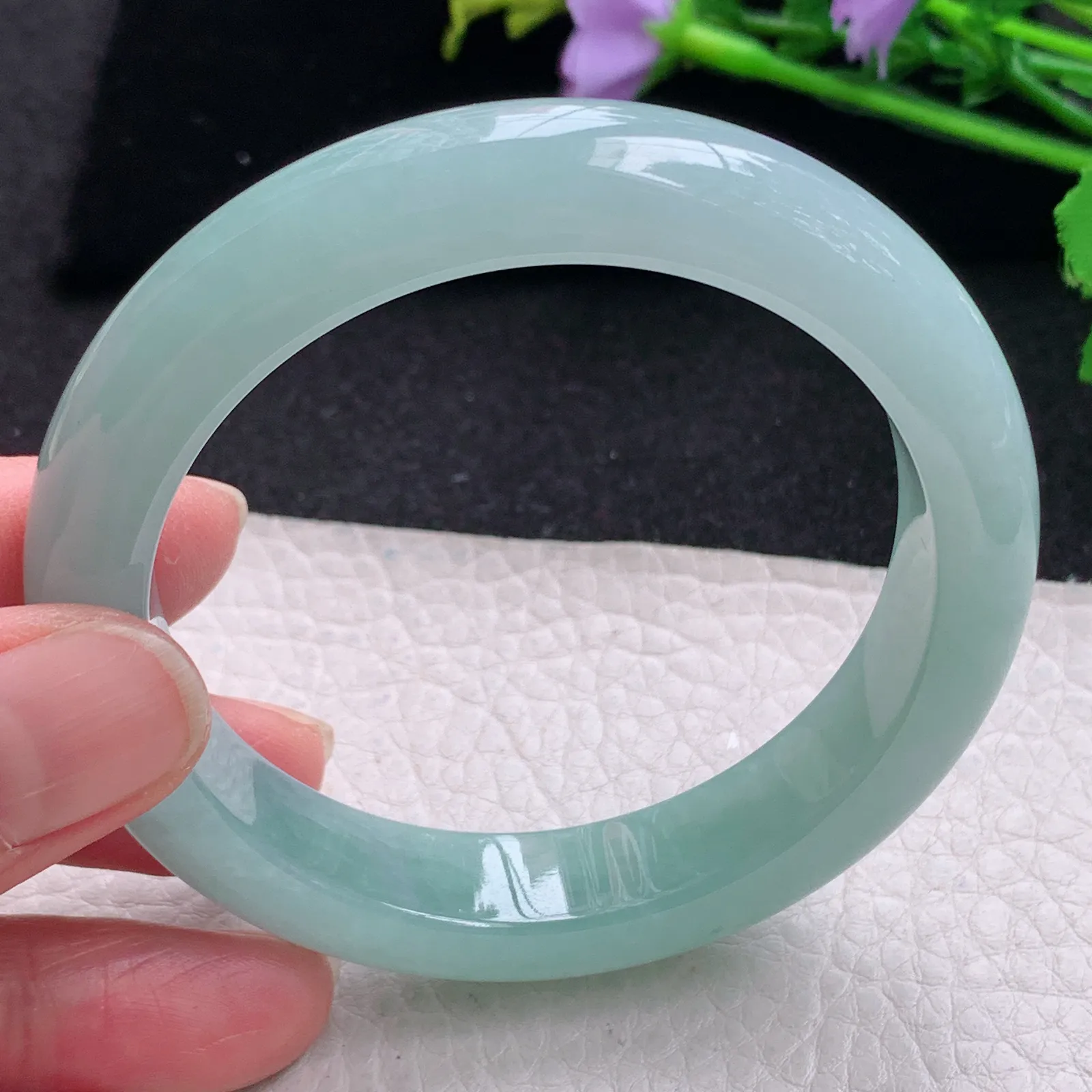 hf自然光56*12.3*9平安镯 缅甸翡翠玉手镯蓝韵高雅宽边玉手环