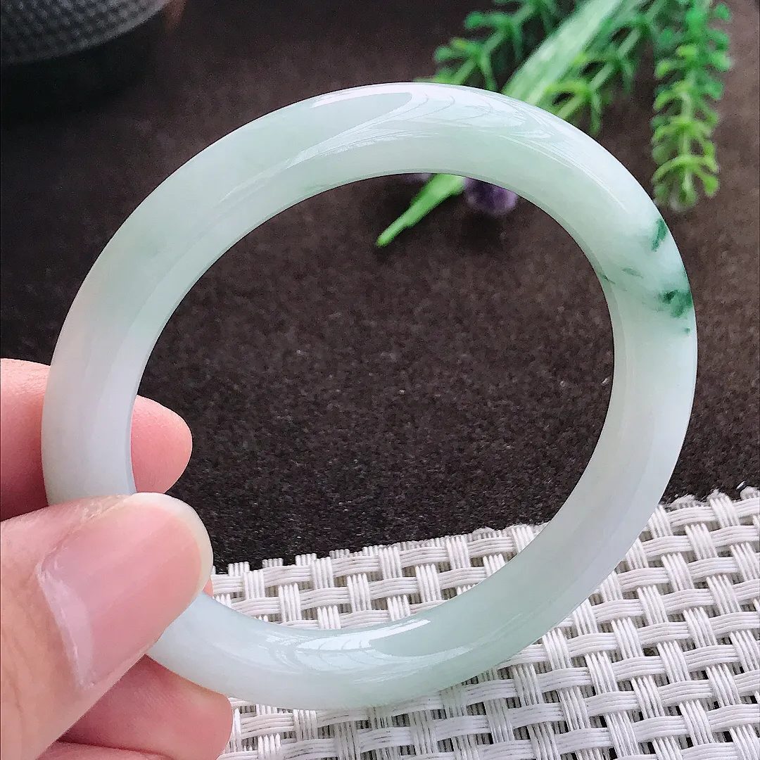 天然a货翡翠52/8.6/8.3老坑冰润起胶飘花圆条手镯翡翠玉手镯