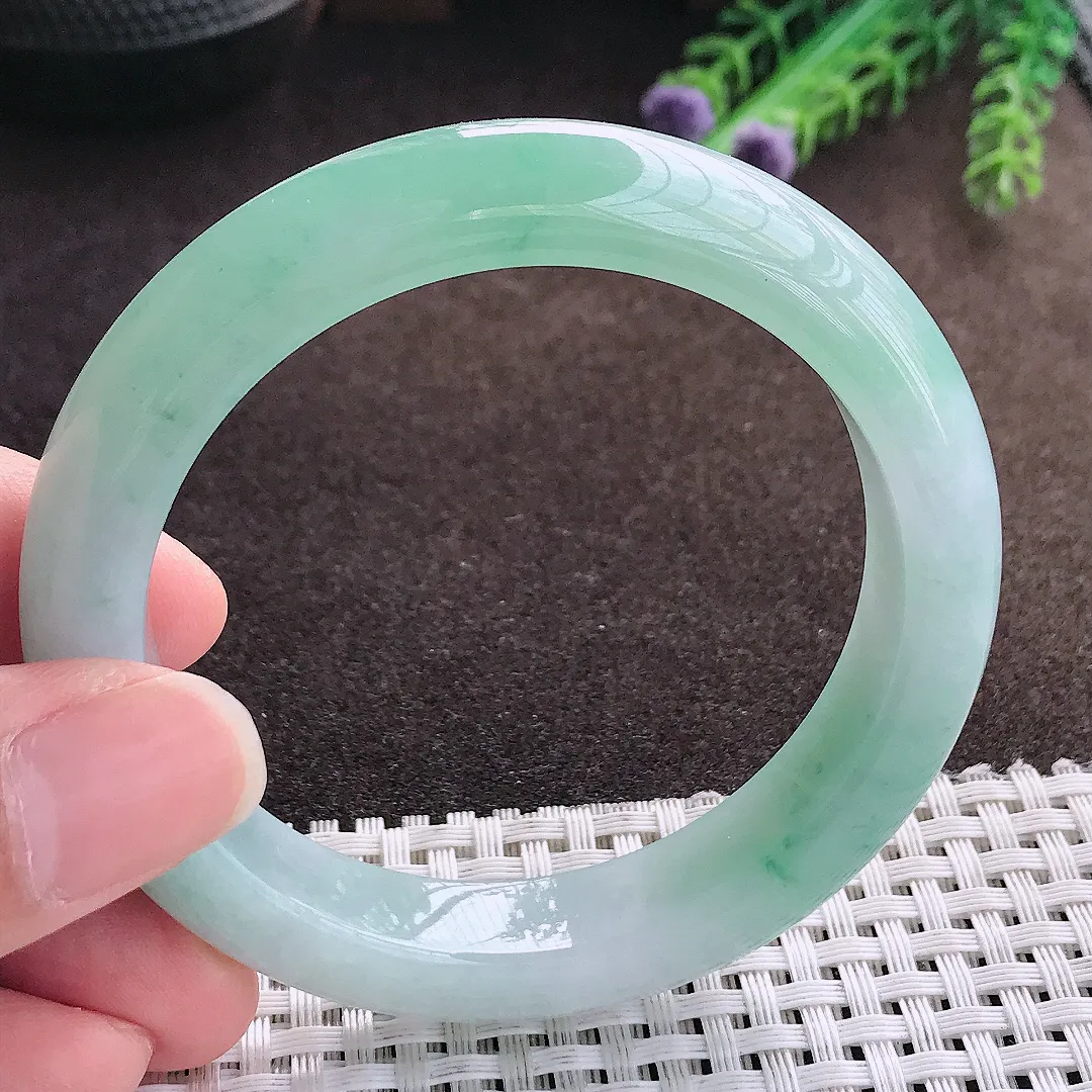 天然a货翡翠55.5/12/8.8老坑病假果冻冰晴绿手镯宽边翡翠玉手镯