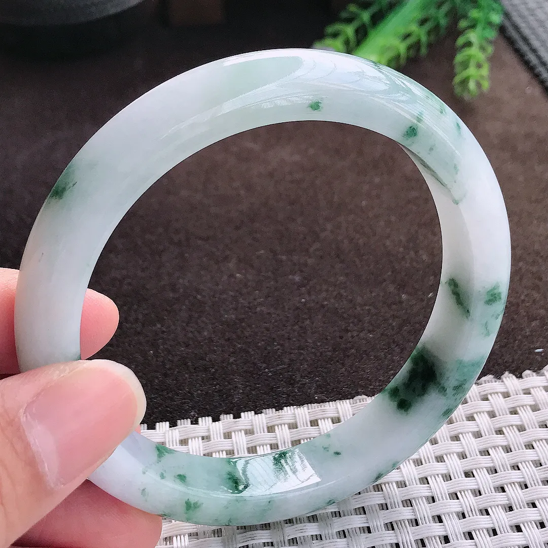 天然a货翡翠62.5/12.3/8.8老坑精美温润大圈口飘花手镯宽边翡翠玉手镯
