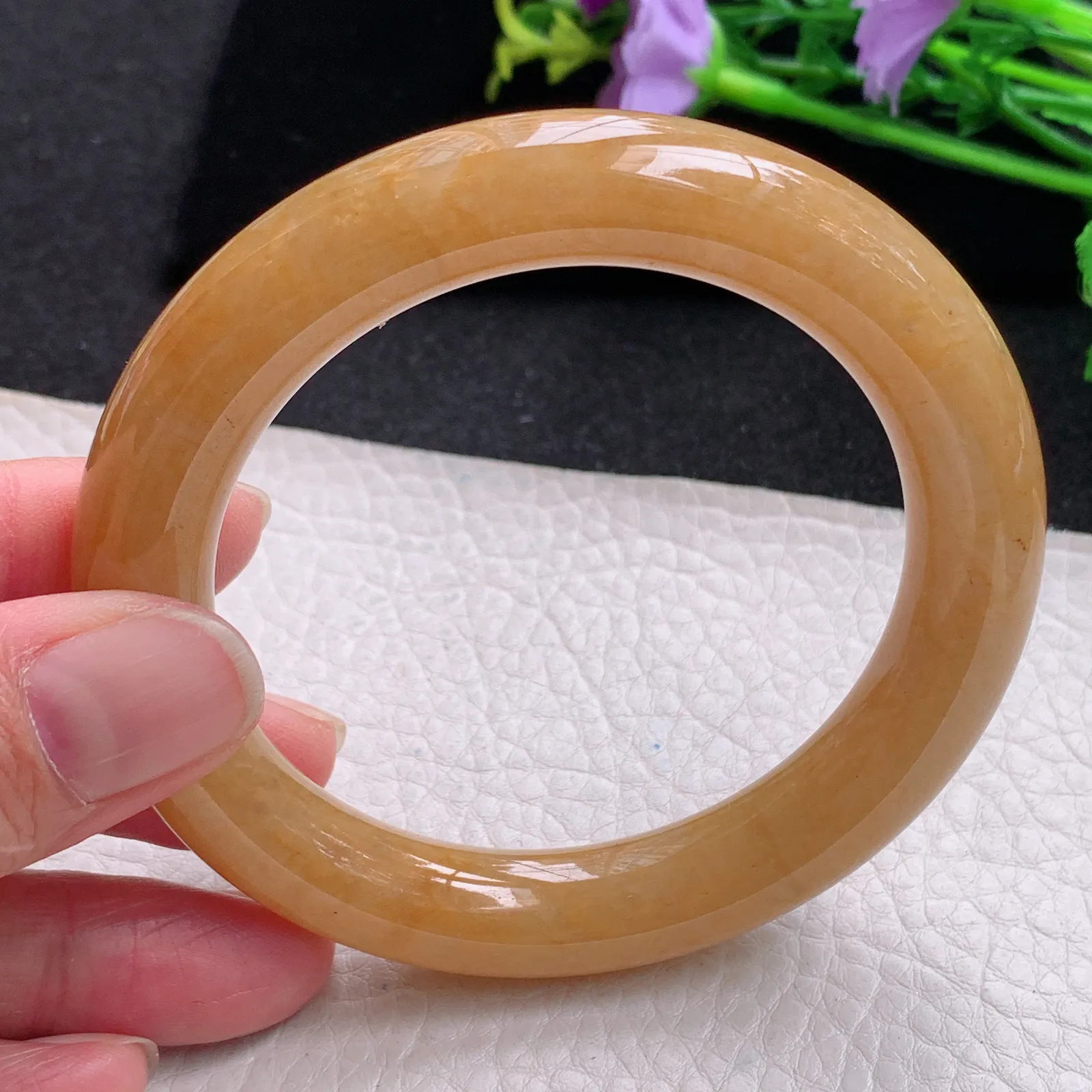 hf自然光57.512*11.3胖圆镯 缅甸翡翠玉手镯冰黄圆条玉手环  美人镯