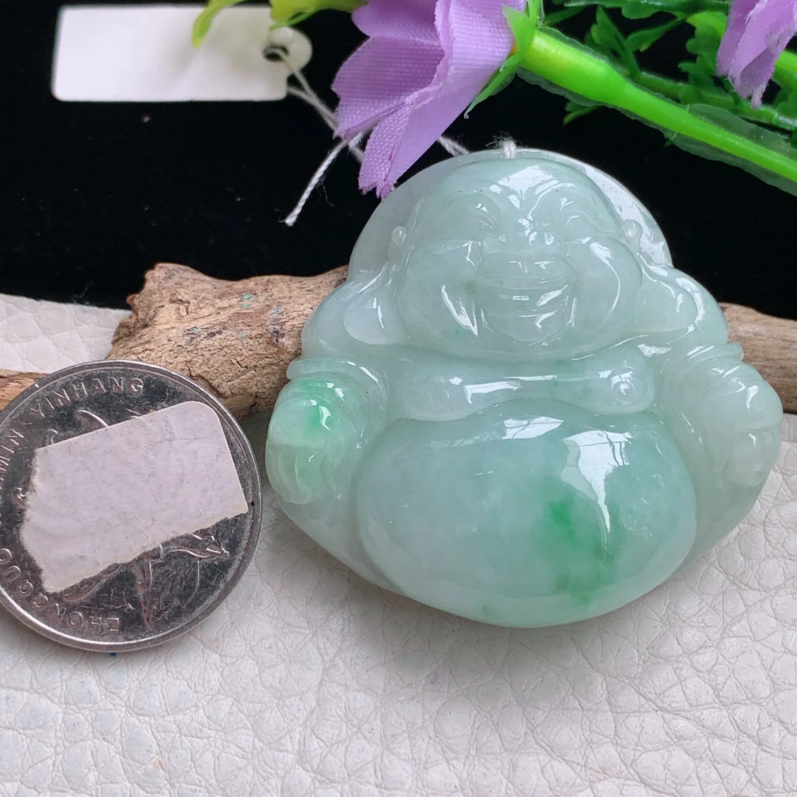 zen自然光42*45.2*12.5天然缅甸翡翠飘花细润佛公 弥勒佛玉吊坠 玉挂件