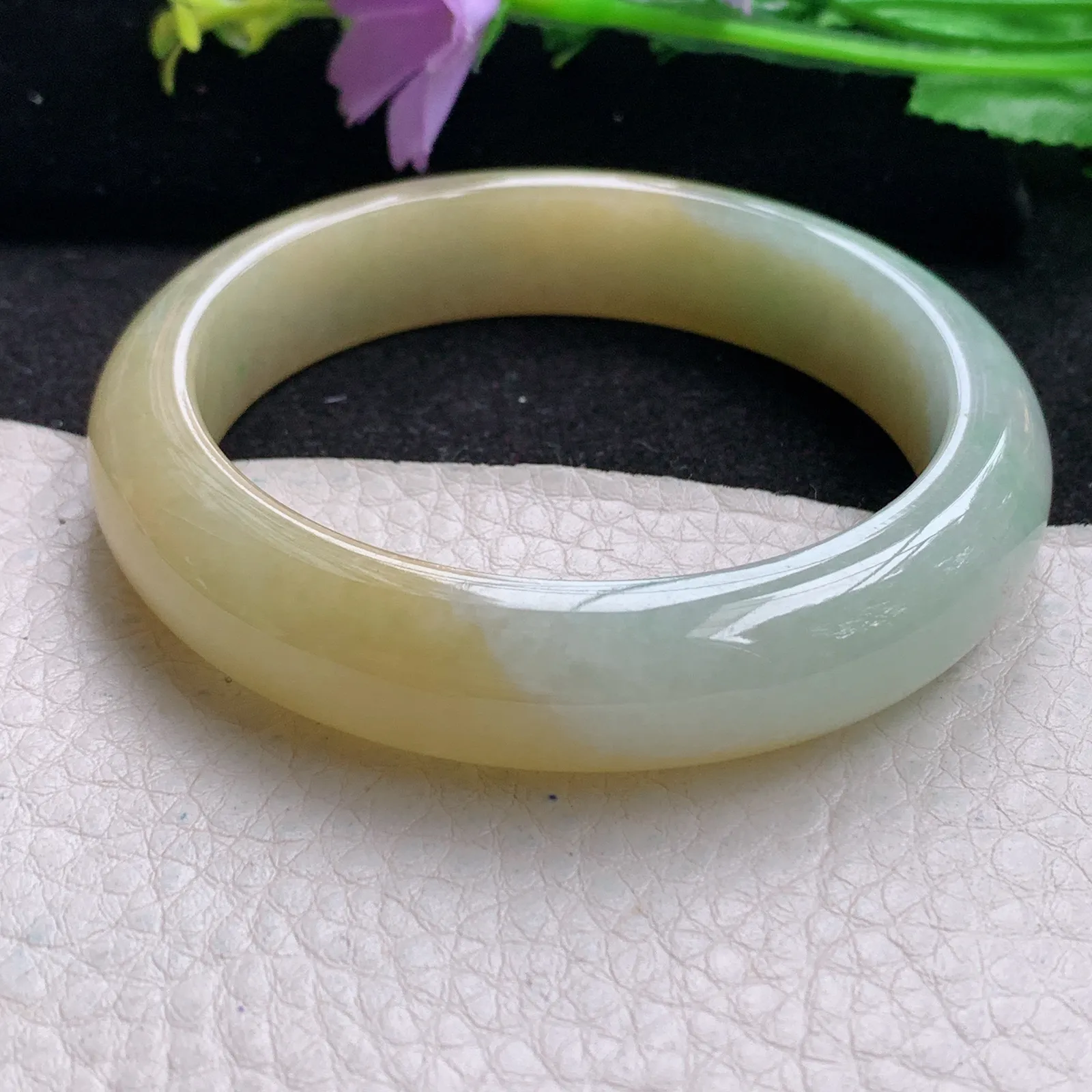 z自然光56*13*.2招财镯 缅甸翡翠玉手镯冰黄半山水宽边玉手环 美人镯