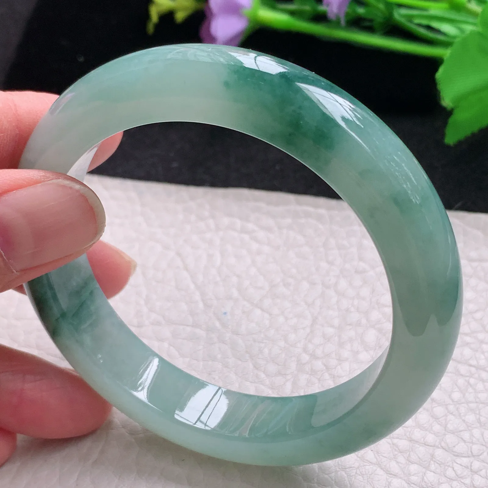 xc自然光58*12.6*9平安镯 缅甸翡翠玉手镯冰飘花厚装宽边玉手环