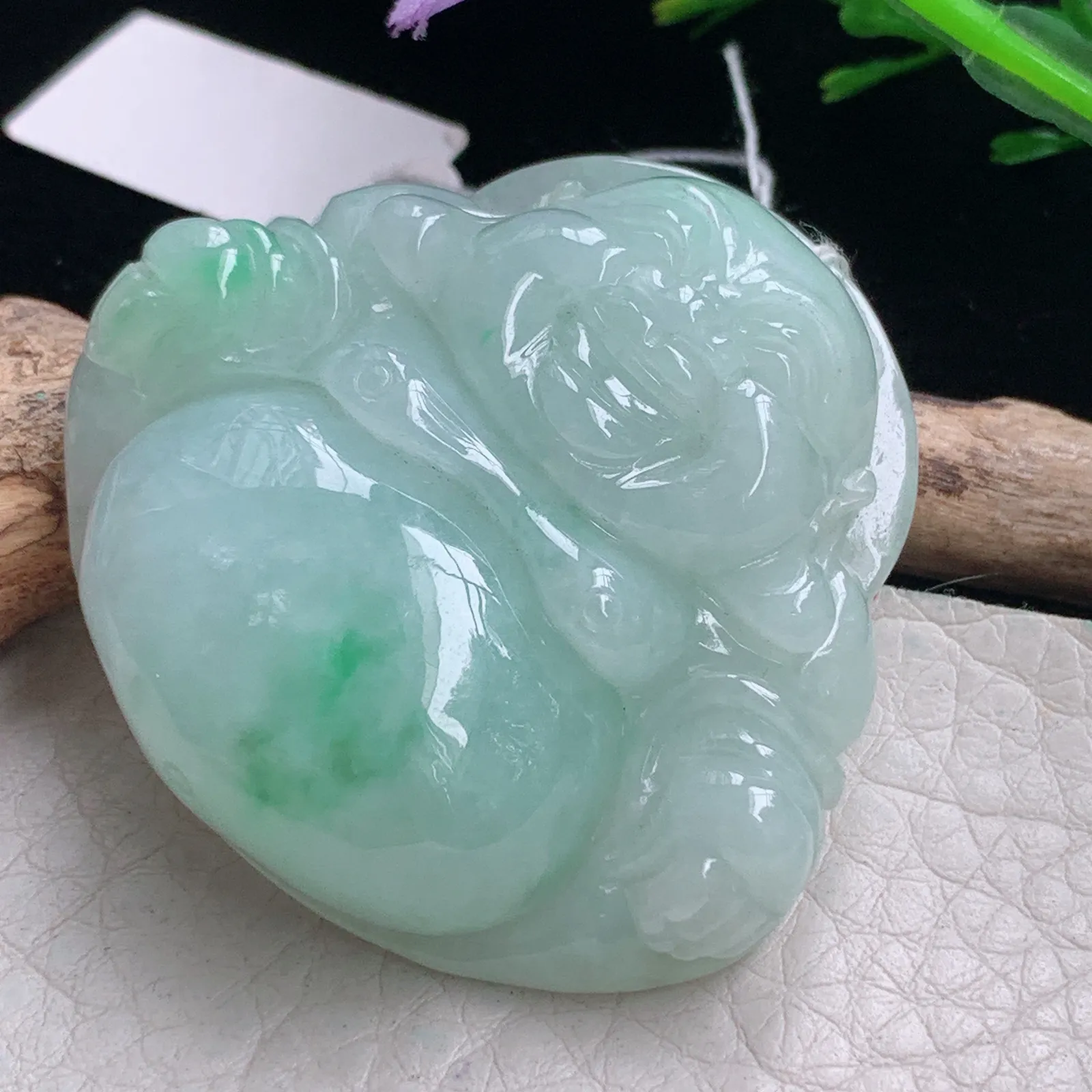 zen自然光42*45.2*12.5天然缅甸翡翠飘花细润佛公 弥勒佛玉吊坠 玉挂件