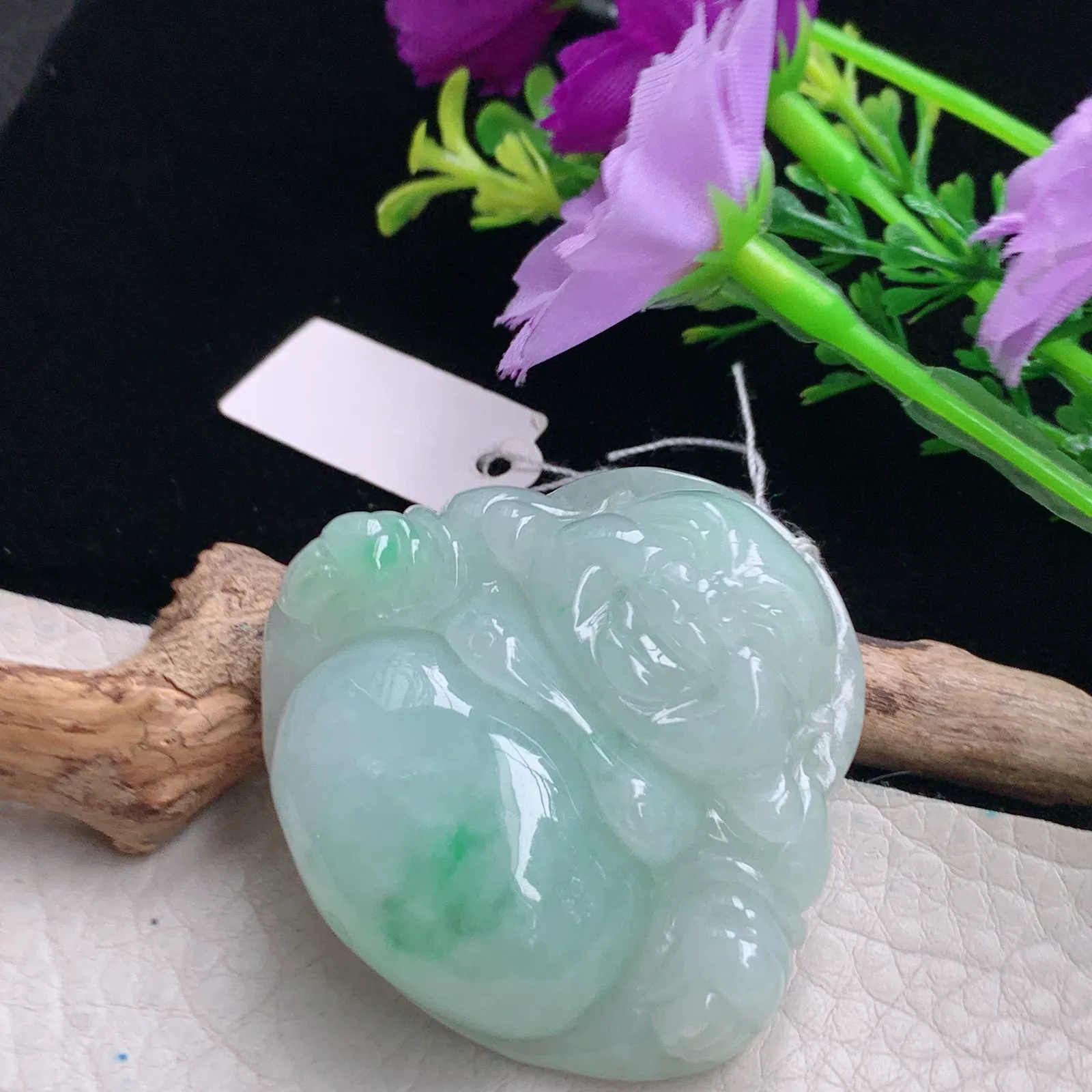 zen自然光42*45.2*12.5天然缅甸翡翠飘花细润佛公 弥勒佛玉吊坠 玉挂件