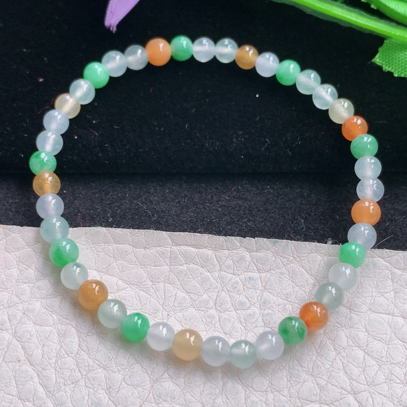 mut自然光4.8mm天然缅甸翡翠冰三彩4.8mm圆珠玉手链 手串