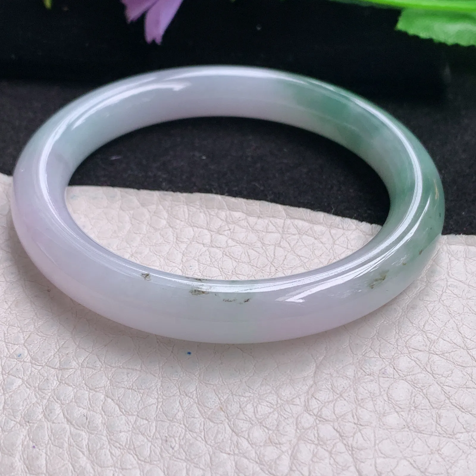 z自然光54*9.2*9美人镯 缅甸翡翠玉手镯飘花秀气圆条玉手环 叮当镯