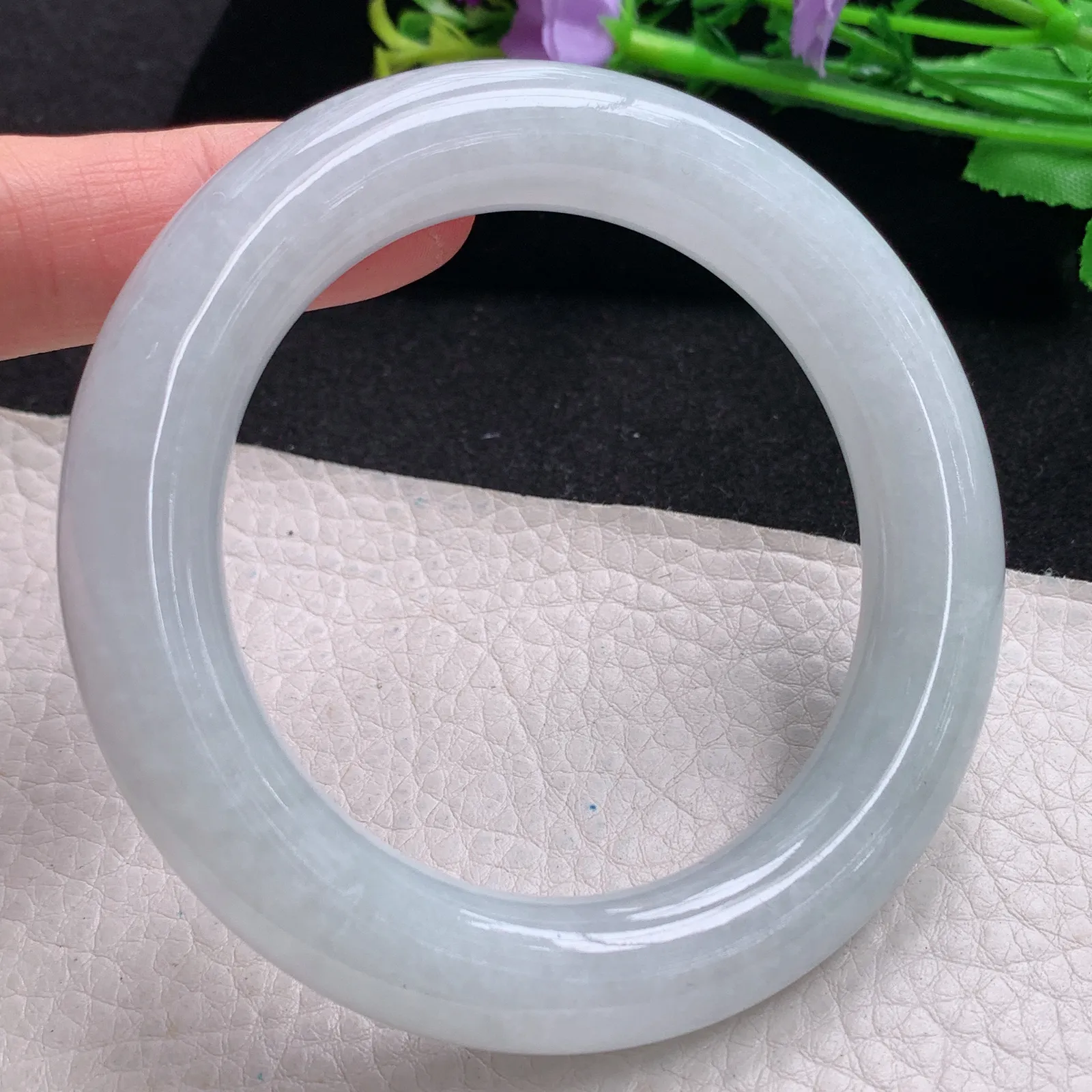 z自然光57*12胖圆镯 缅甸翡翠玉手镯白月光大气圆条玉手环 美人镯