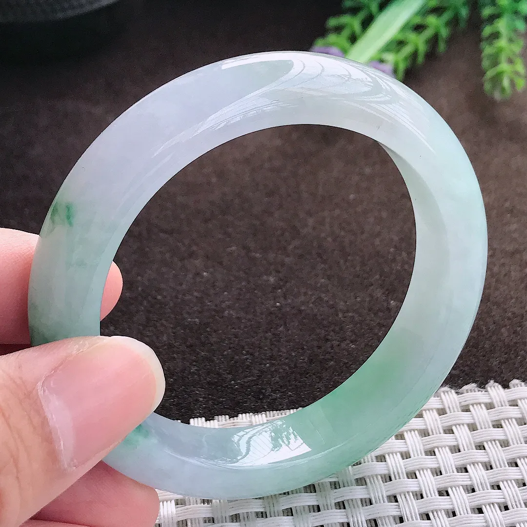 天然a货翡翠53/12.5/8.6老坑精美冰胶飘花手镯宽边翡翠玉手镯