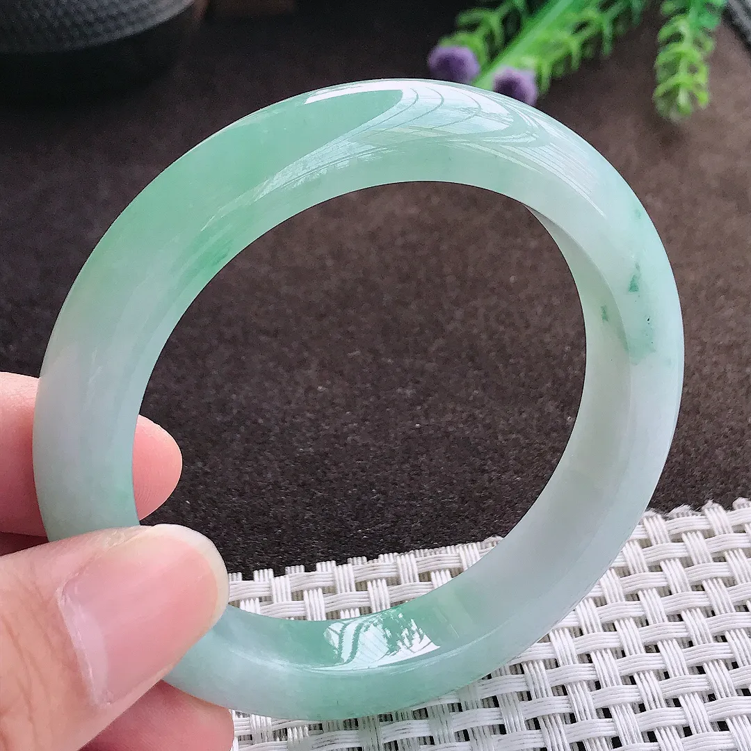 天然a货翡翠55.5/12/8.8老坑病假果冻冰晴绿手镯宽边翡翠玉手镯