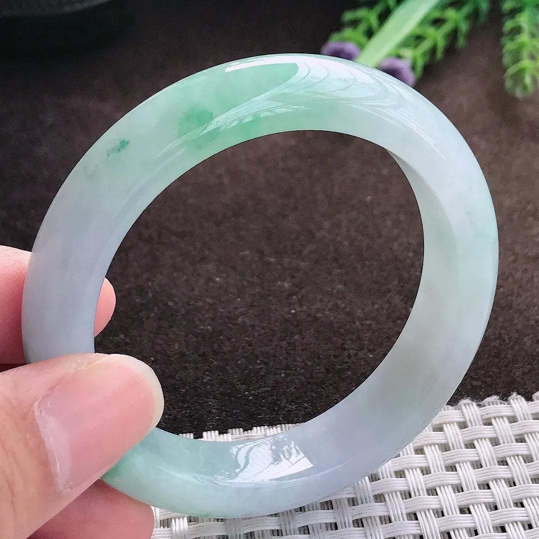 天然a货翡翠53/12.5/8.6老坑精美冰胶飘花手镯宽边翡翠玉手镯