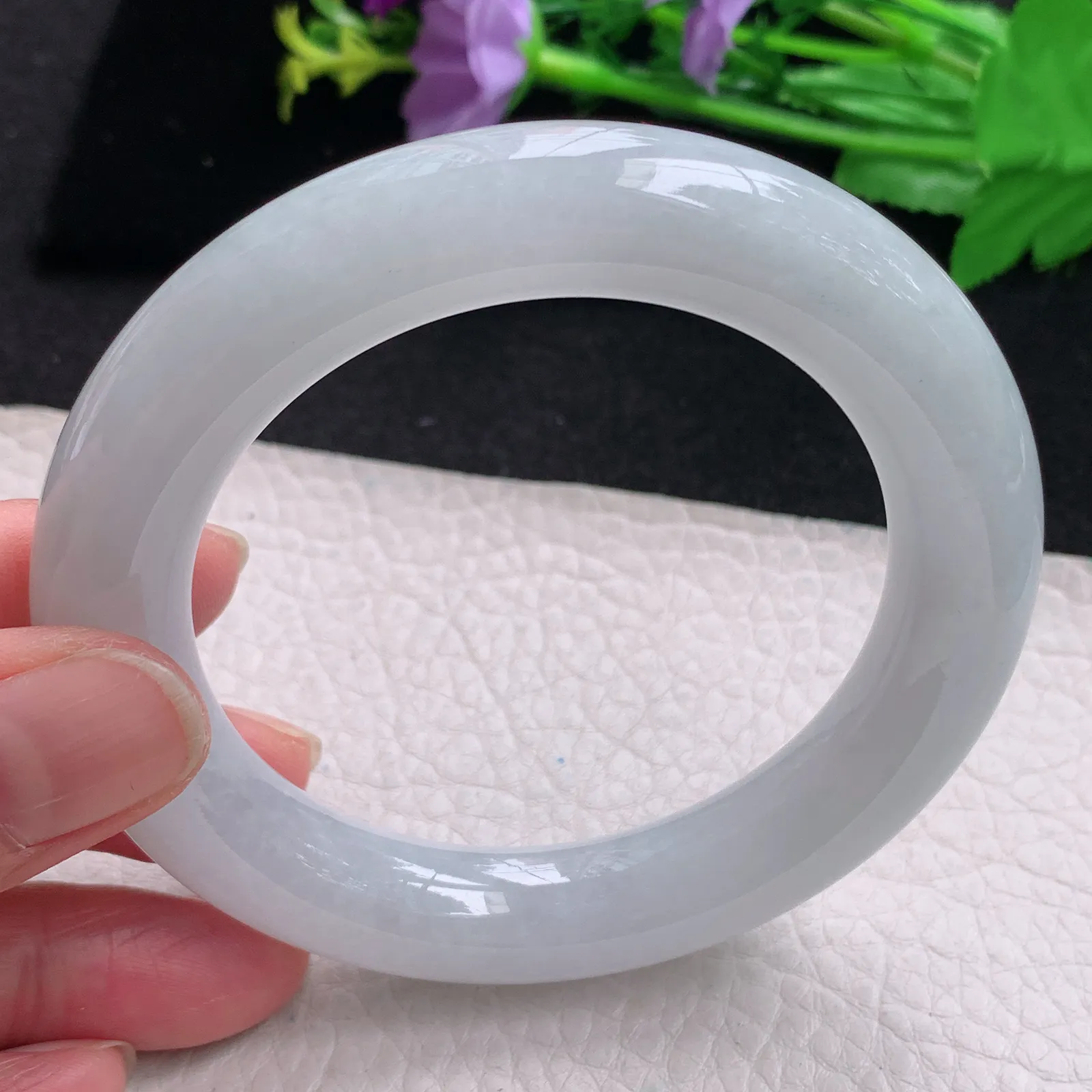 z自然光57*12胖圆镯 缅甸翡翠玉手镯白月光大气圆条玉手环 美人镯