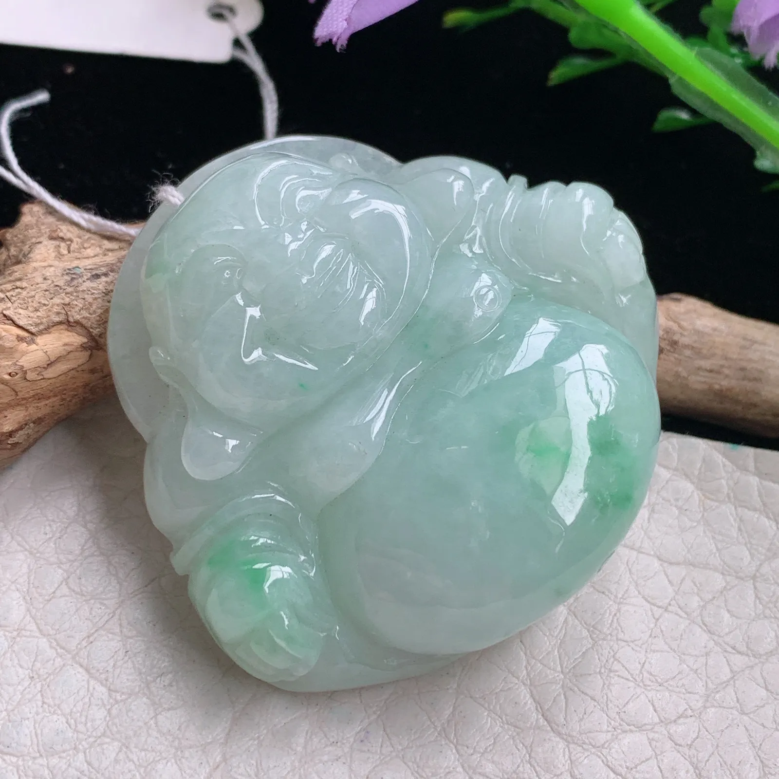 zen自然光42*45.2*12.5天然缅甸翡翠飘花细润佛公 弥勒佛玉吊坠 玉挂件