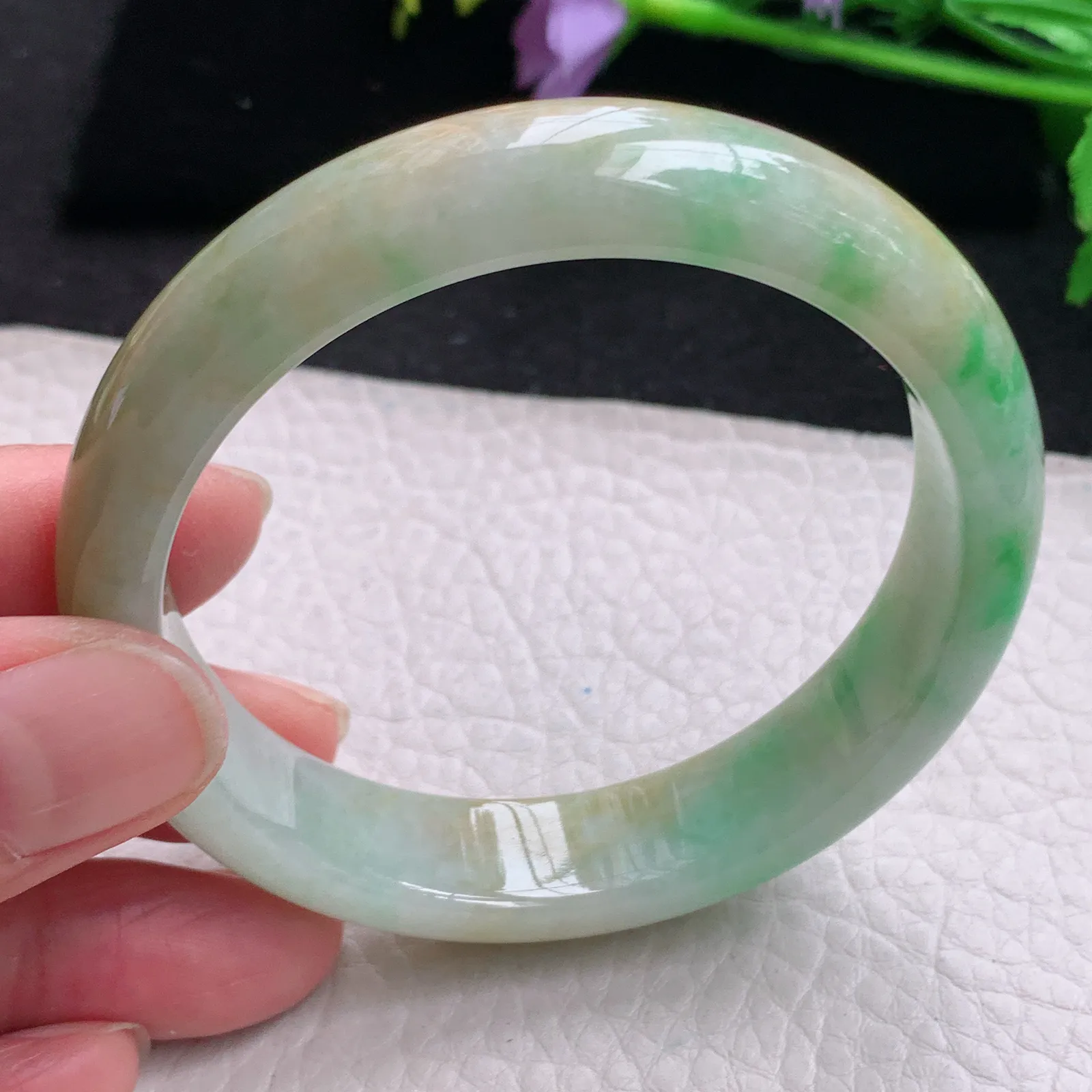 xx自然光57*13*7.5平安镯 缅甸翡翠玉手镯黄加绿高雅宽边玉手环