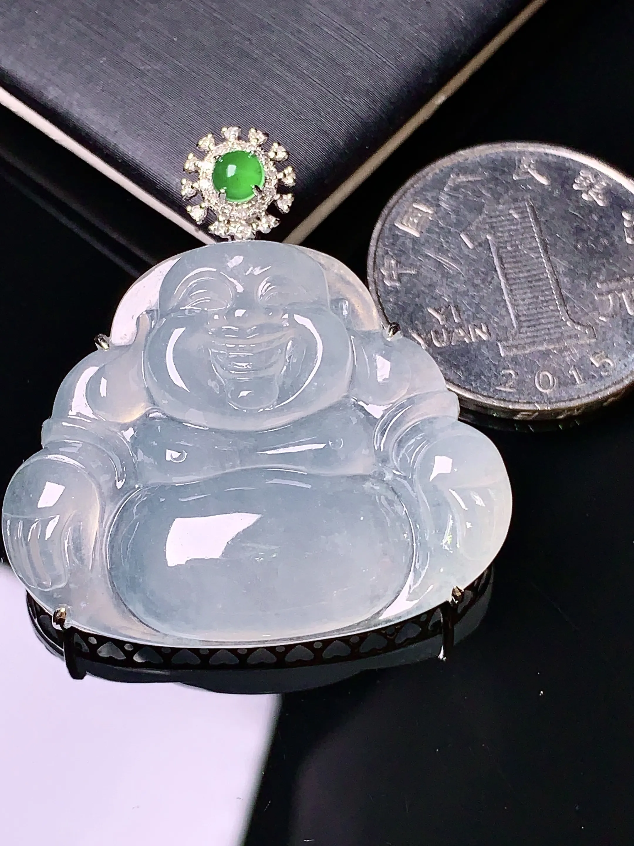 18k金钻镶嵌冰种佛公吊坠 玉质细腻 色泽清新艳丽 整体尺寸28.6*35*8.5