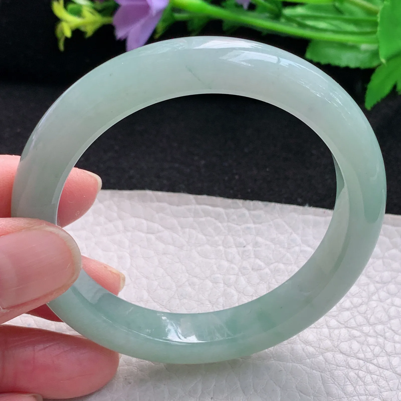 js自然光55.5*10.7*8平安镯 缅甸翡翠玉手镯冰飘花秀气宽边玉手环