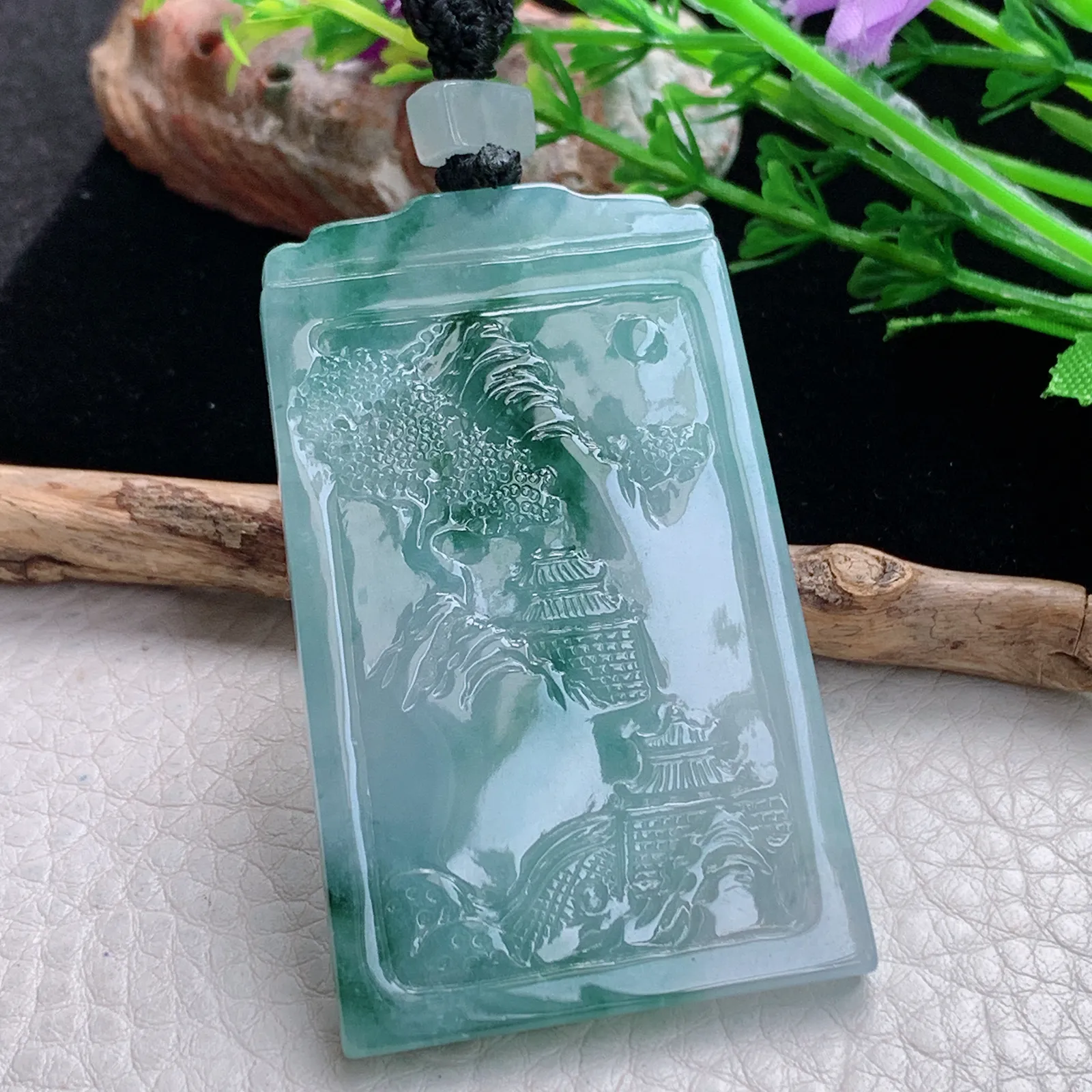 mut自然光58*35.8*5.3天然缅甸翡翠冰飘花山水 大好河山玉吊坠 玉挂件