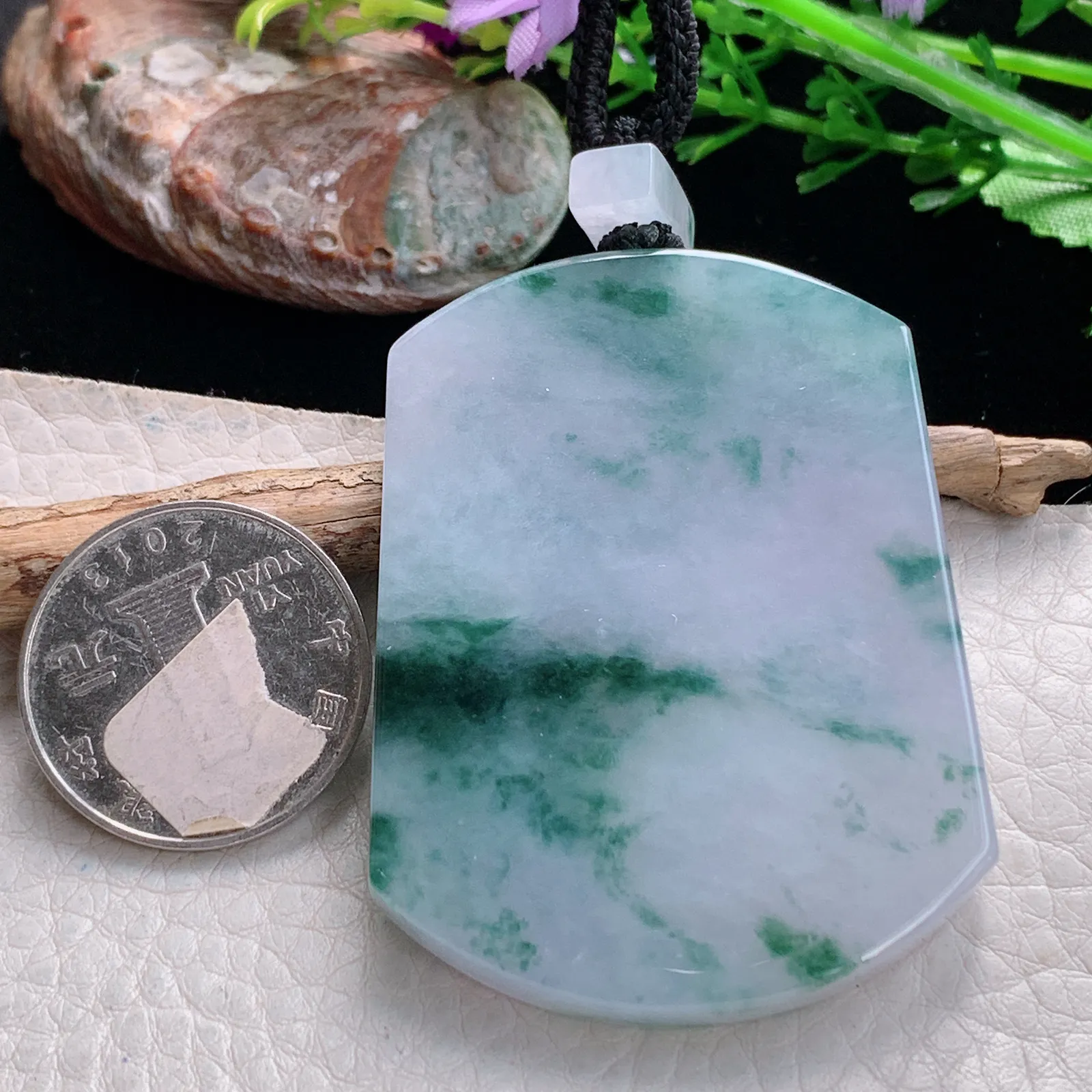 mut自然光55.8*41.8*6.3天然缅甸翡翠冰飘花平安无事牌玉吊坠 玉挂件