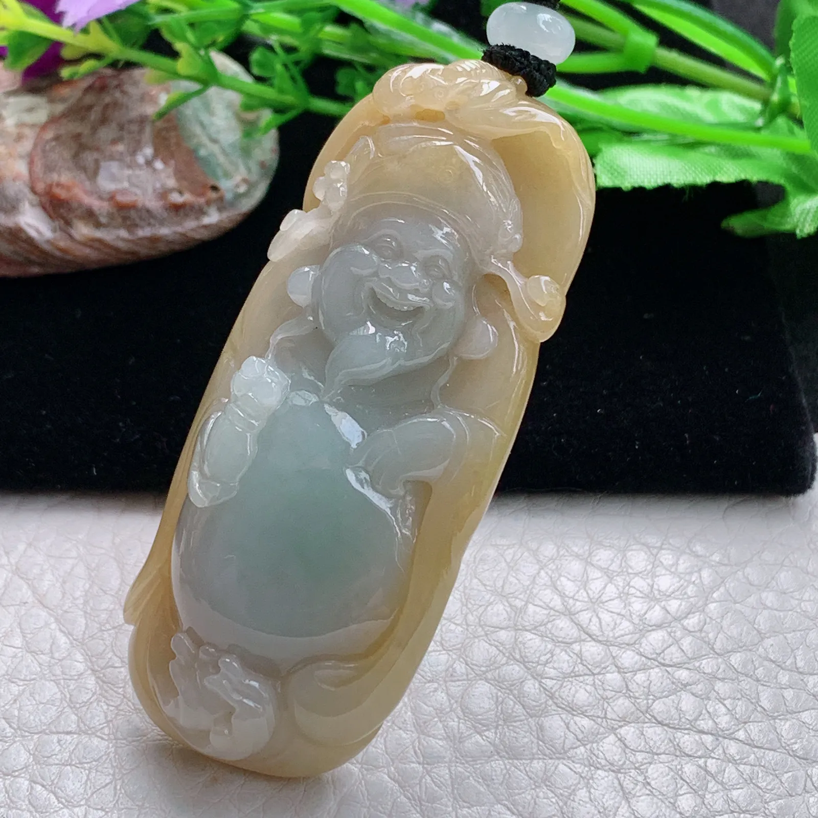 mut自然光65*28.5*13.6天然缅甸翡翠双伞财神爷玉吊坠 玉挂件