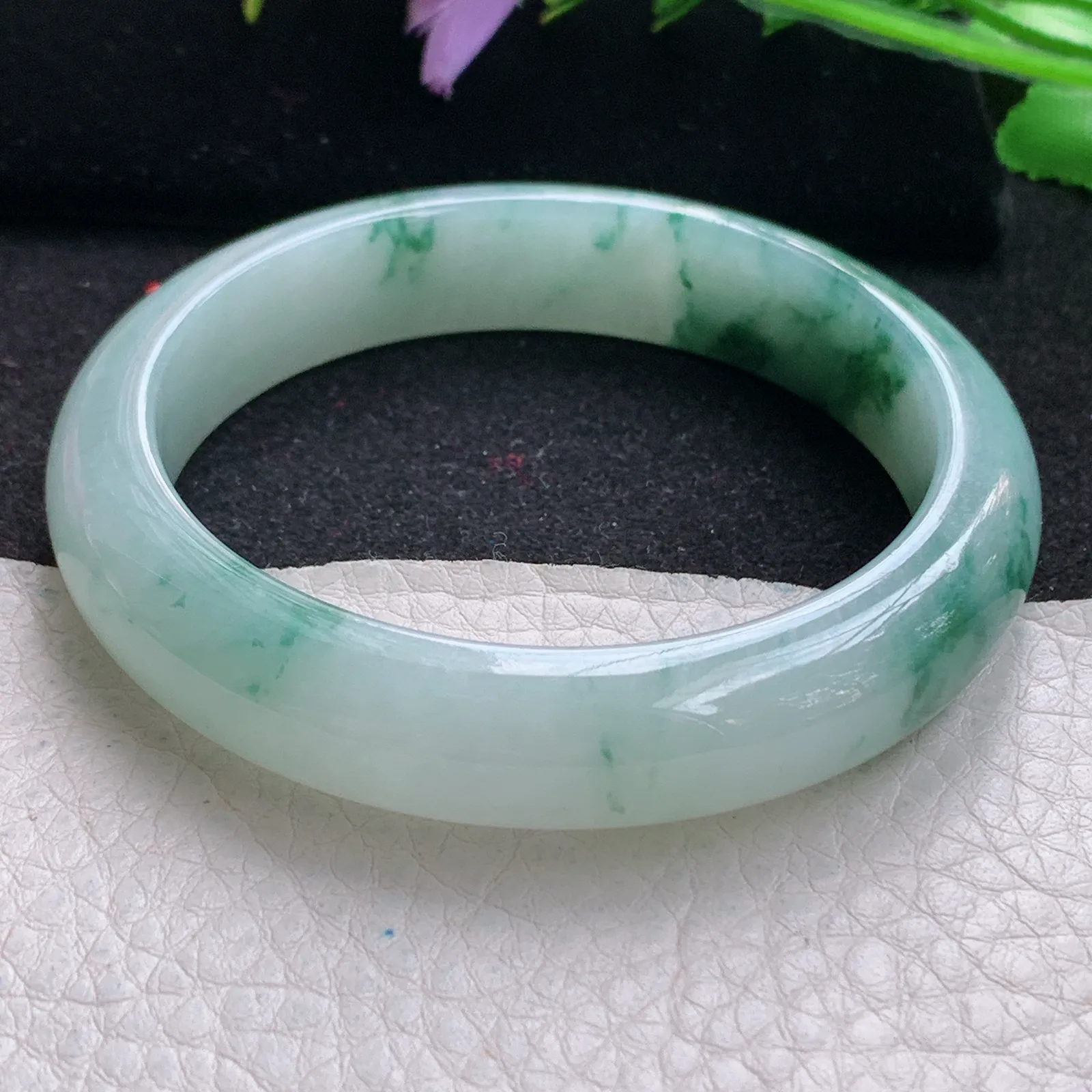 yh自然光56.5*12.6*8平安镯 缅甸翡翠玉手镯冰飘花宽边玉手环