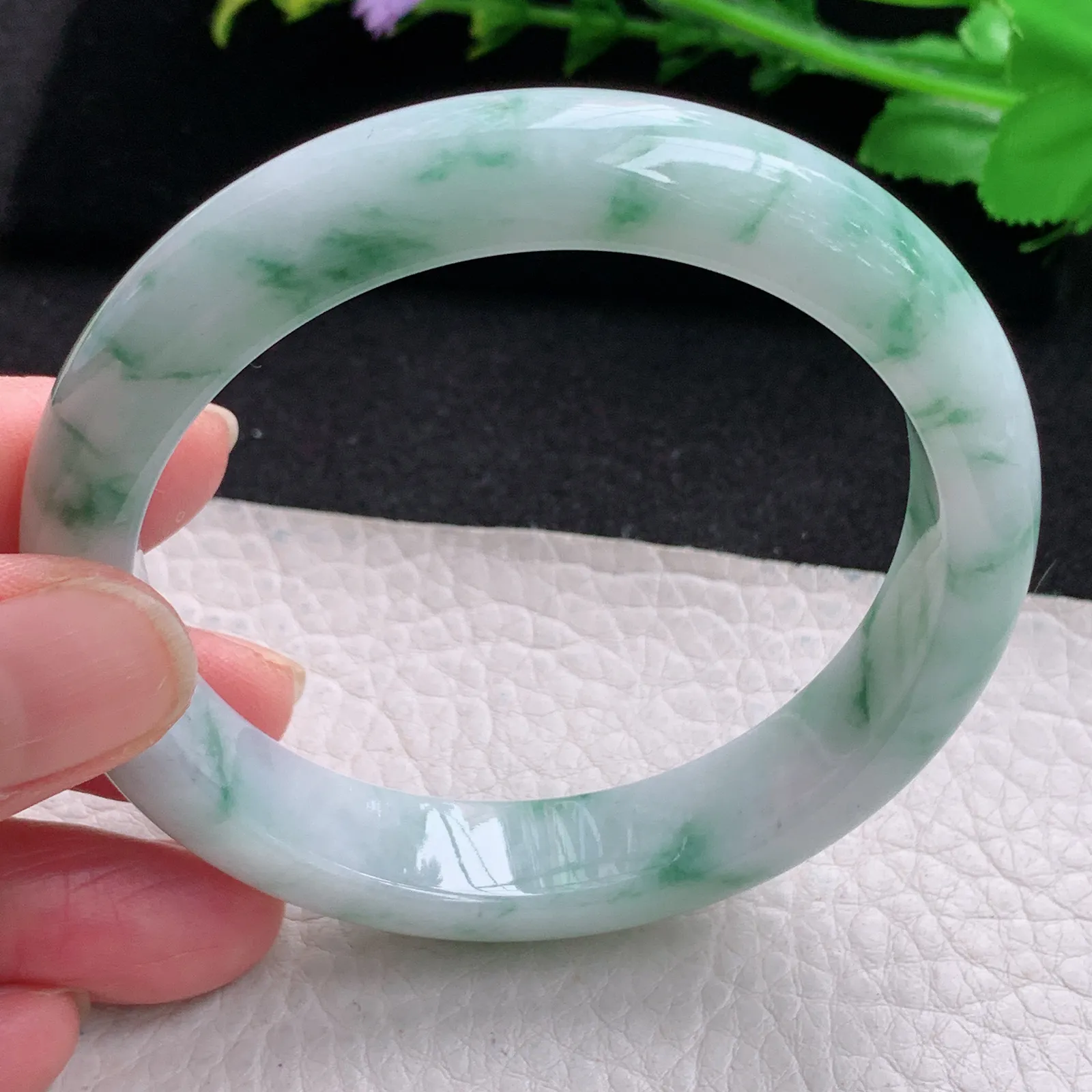 xc自然光58*12.5*8.2平安镯 缅甸翡翠玉手镯飘绿花大气宽边玉手环