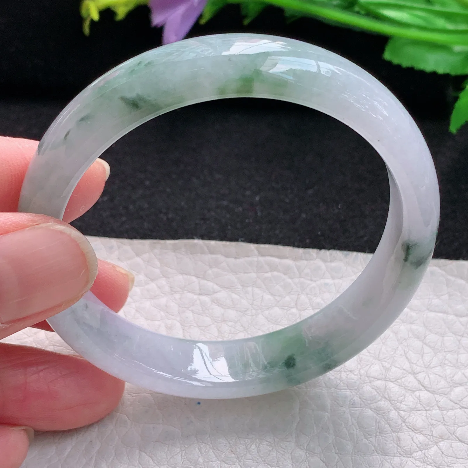xx自然光54*12.5*7平安镯 缅甸翡翠玉手镯冰飘花水灵宽边玉手环