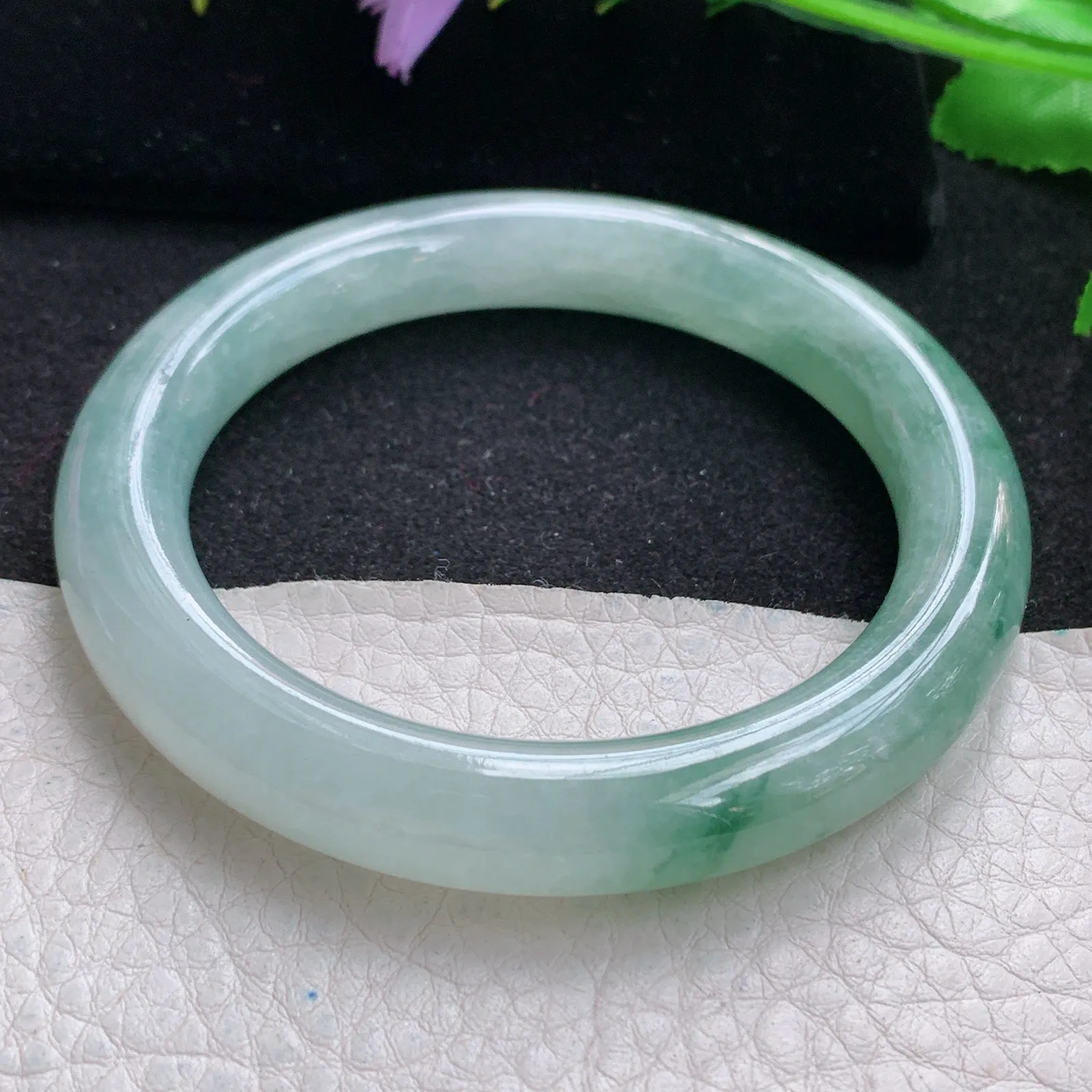 yh自然光54.5*10*9.6叮当镯 缅甸翡翠玉手镯冰飘花清秀圆条玉手环 美人镯