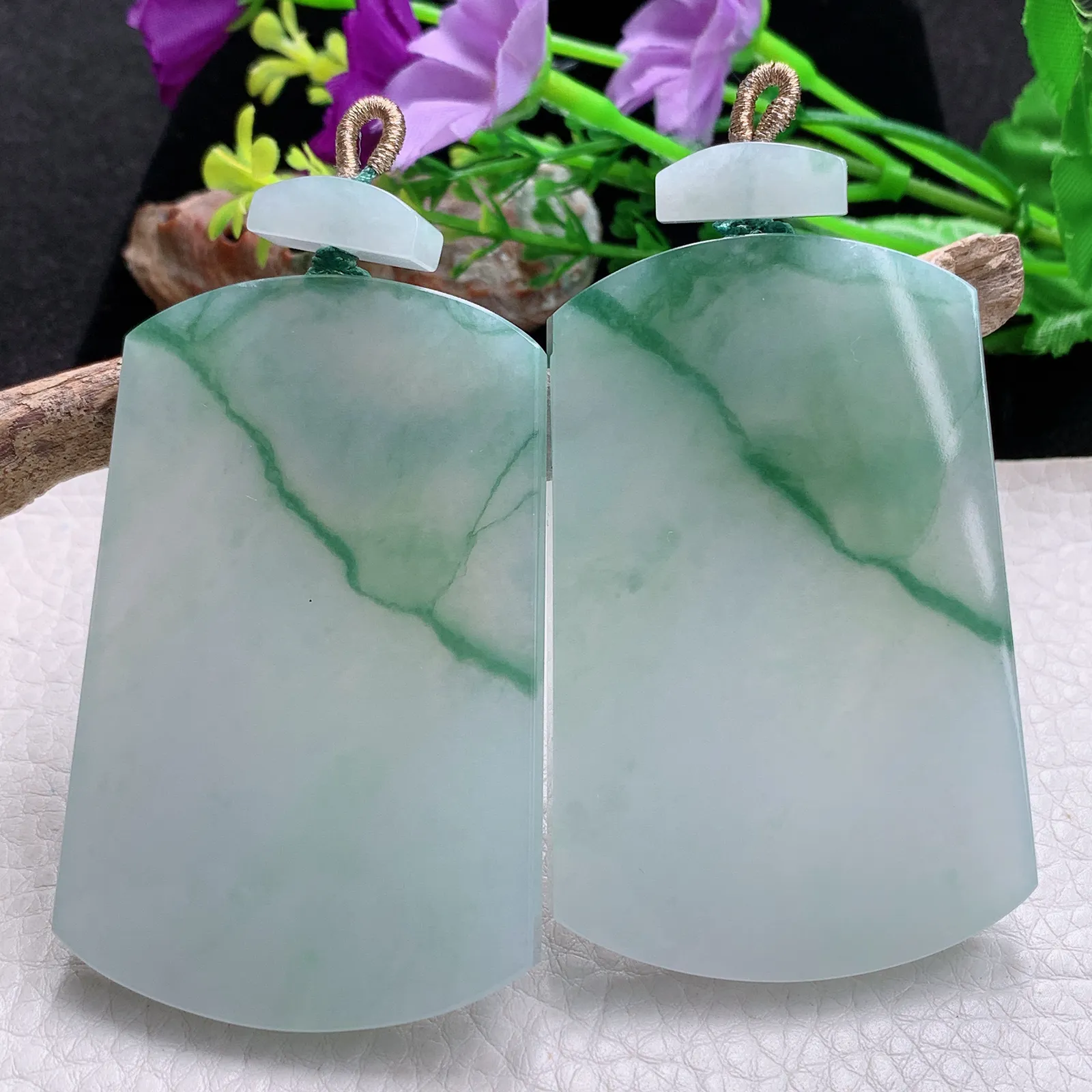 zzx自然光66*43*5.8特色天然缅甸翡翠冰飘花爱心无事牌玉吊坠 玉挂件一对