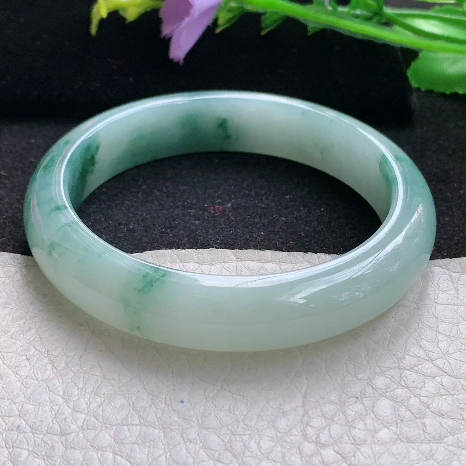 yh自然光56.5*12.6*8平安镯 缅甸翡翠玉手镯冰飘花宽边玉手环