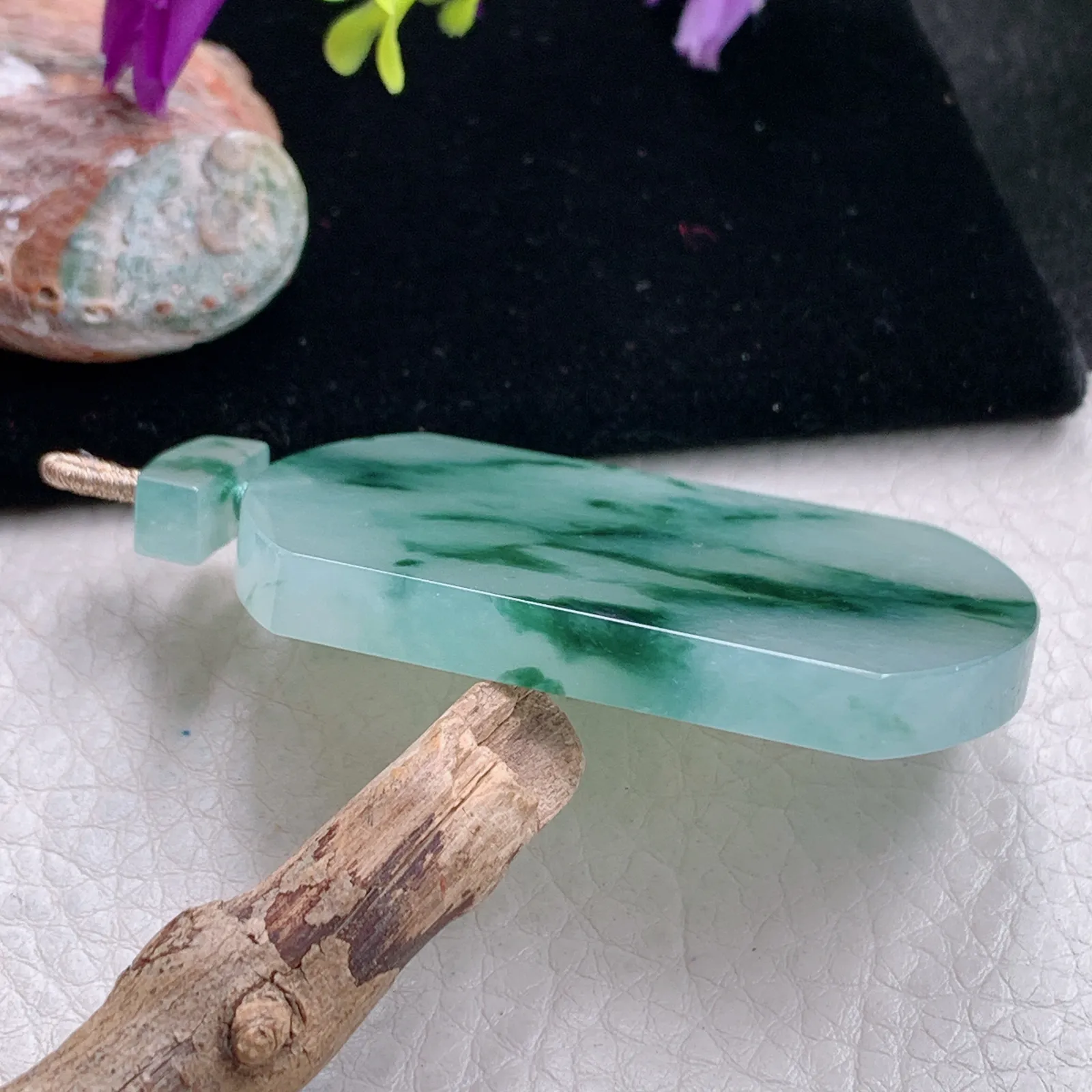 zzx自然光55.5*40*5.8天然缅甸翡翠冰飘花平安无事牌玉吊坠 玉挂件