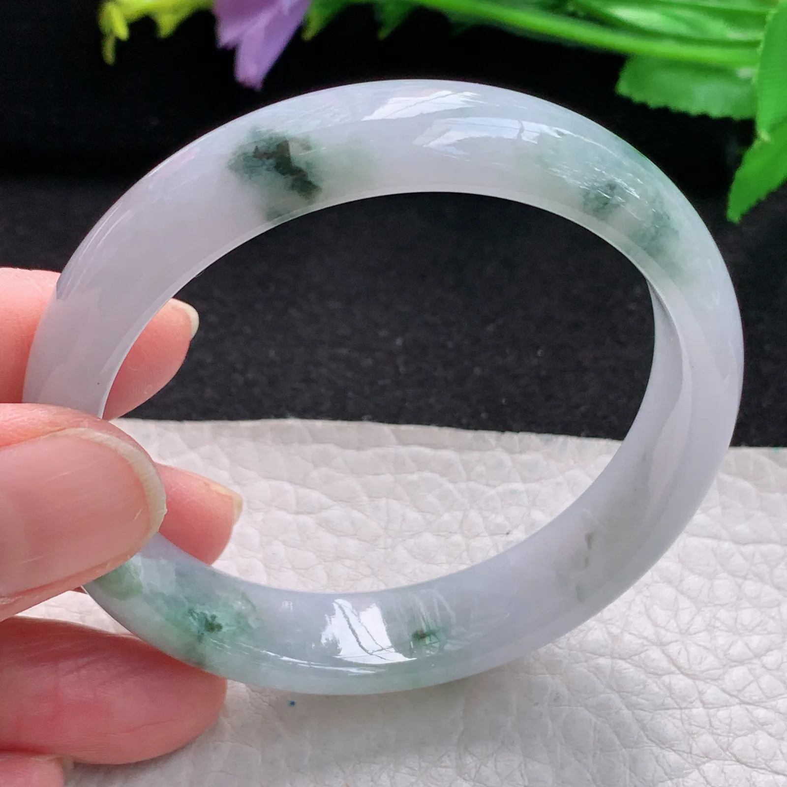 xx自然光54*12.5*7平安镯 缅甸翡翠玉手镯冰飘花水灵宽边玉手环