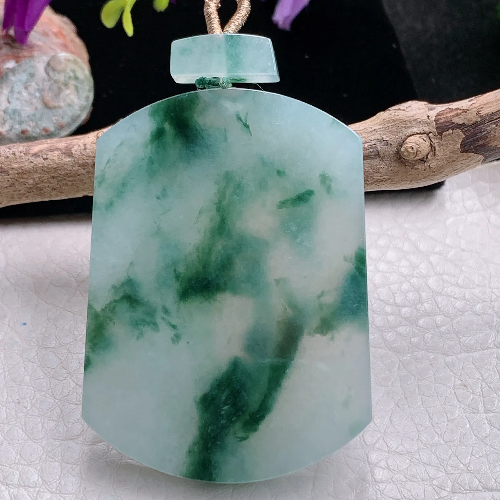 zzx自然光55.5*40*5.8天然缅甸翡翠冰飘花平安无事牌玉吊坠 玉挂件